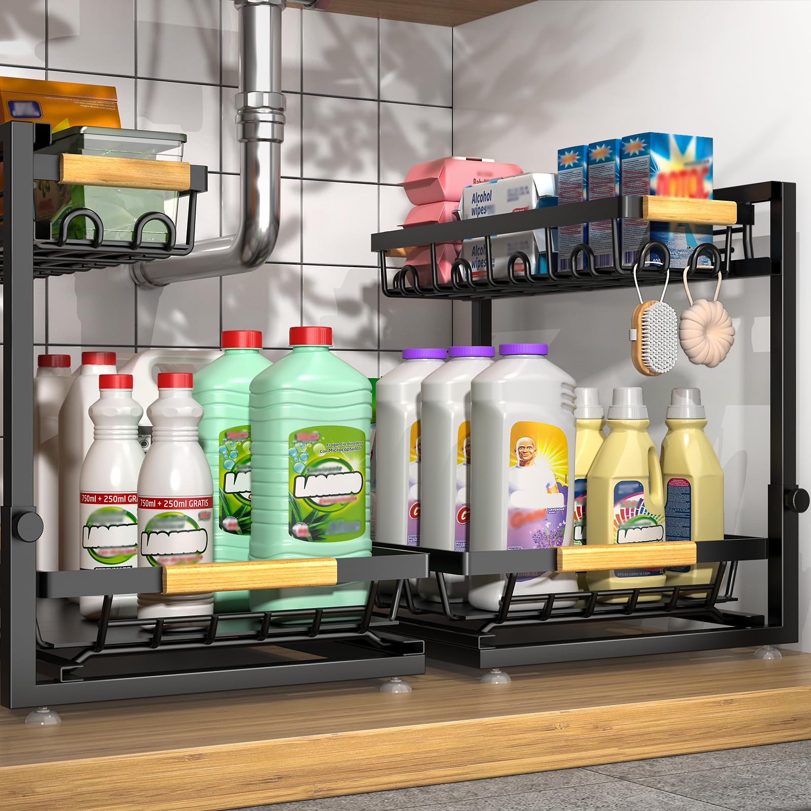 Sevenblue 2 Pack Under Sink Organizer, Height Adjustable 2 Tier Under Sink Organizer Kitchen, Multi-Purpose Storage Shelf for Kitchen Bathroom Cabinet (Black, Large)
