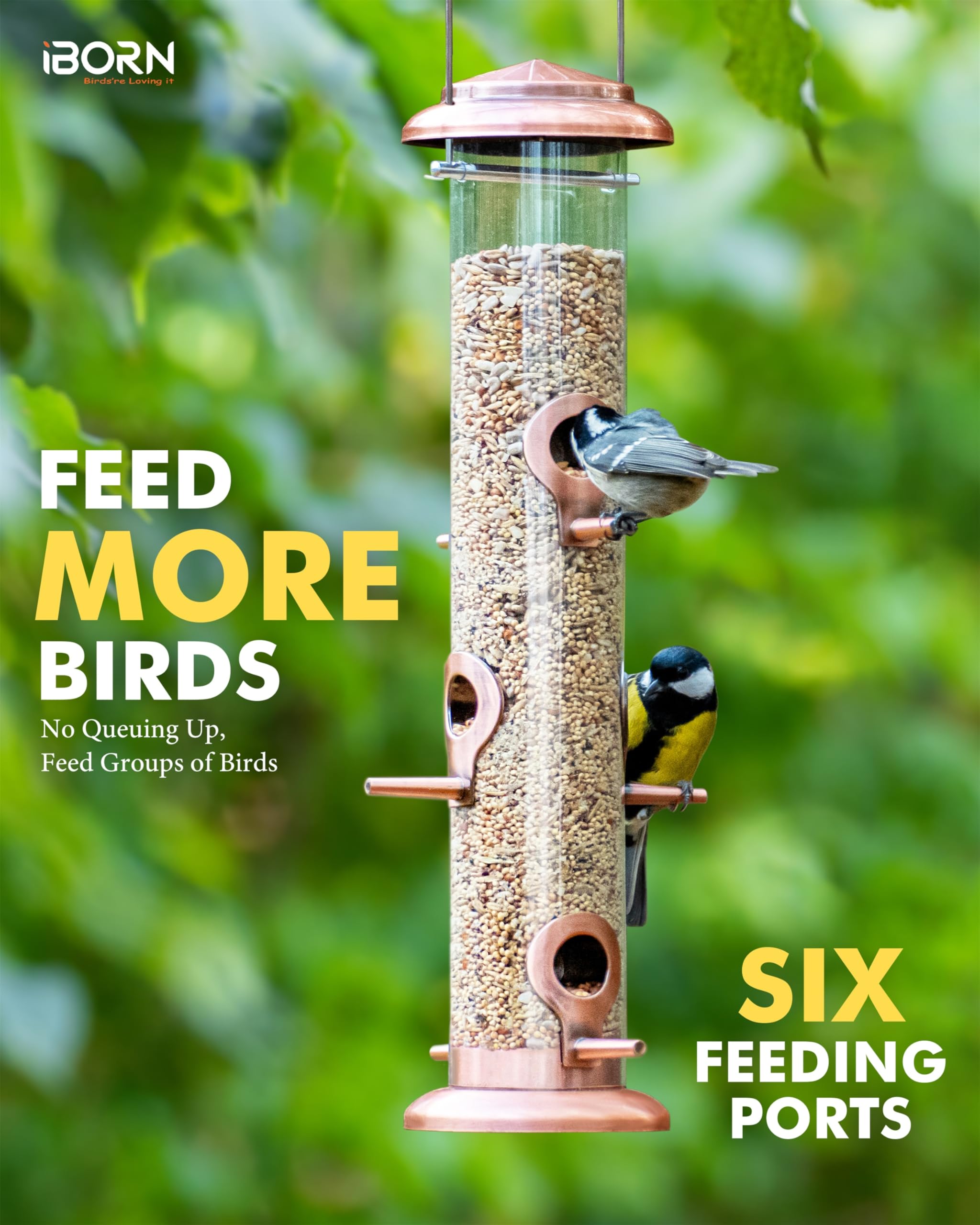 iBorn Metal Bird Feeders Brushed Copper Wild Bird Feeder for Outdoors Hanging All Metal Brushed Copper Finishing 15 Inch 6 Port,Pack of 1(Seed is not Included)