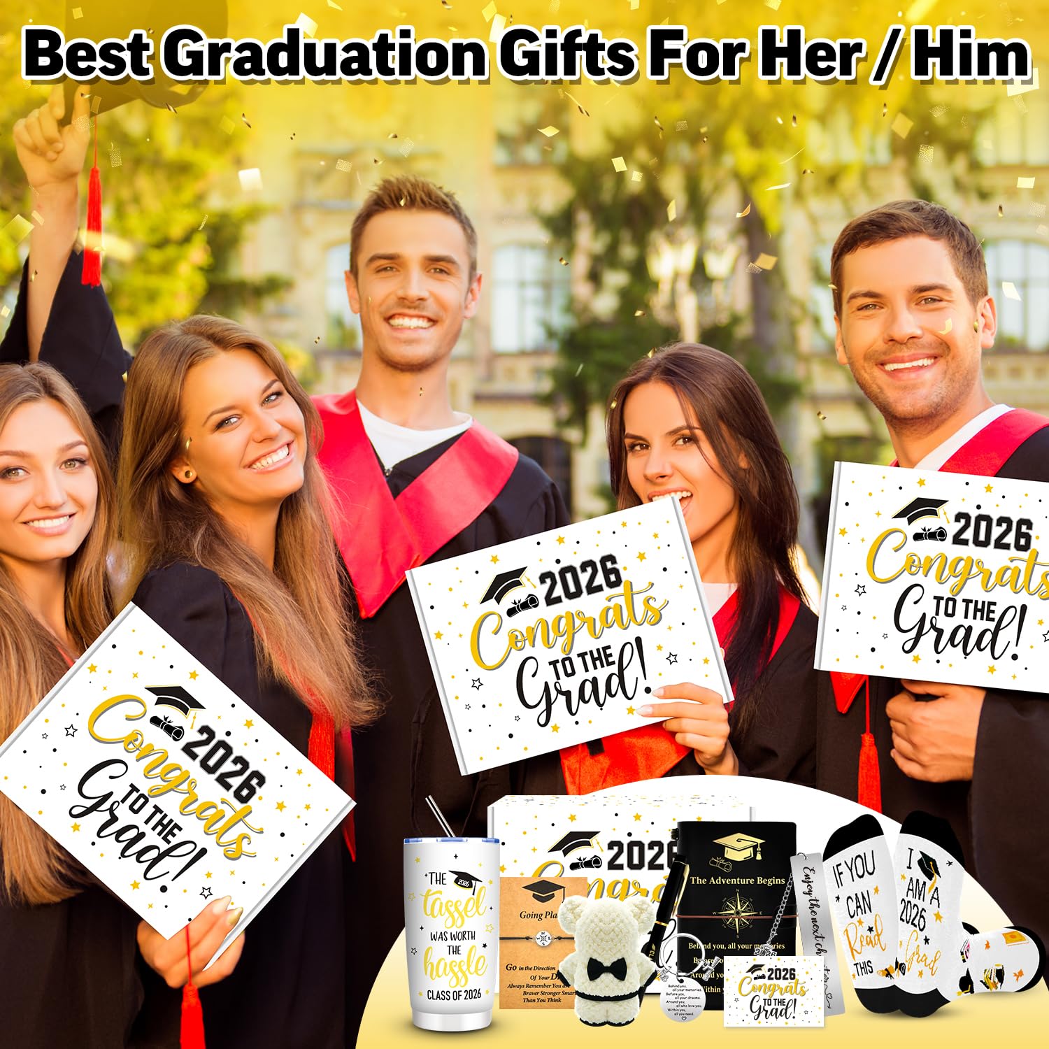 10 Pieces 2026 Graduation Gift Box Set, Class of 2026 Graduation Gift Basket with 20 Oz Tumbler, Socks, Bear Towel, Journal Notebook, Pen, Bookmark, Bracelet for High School College Gifts