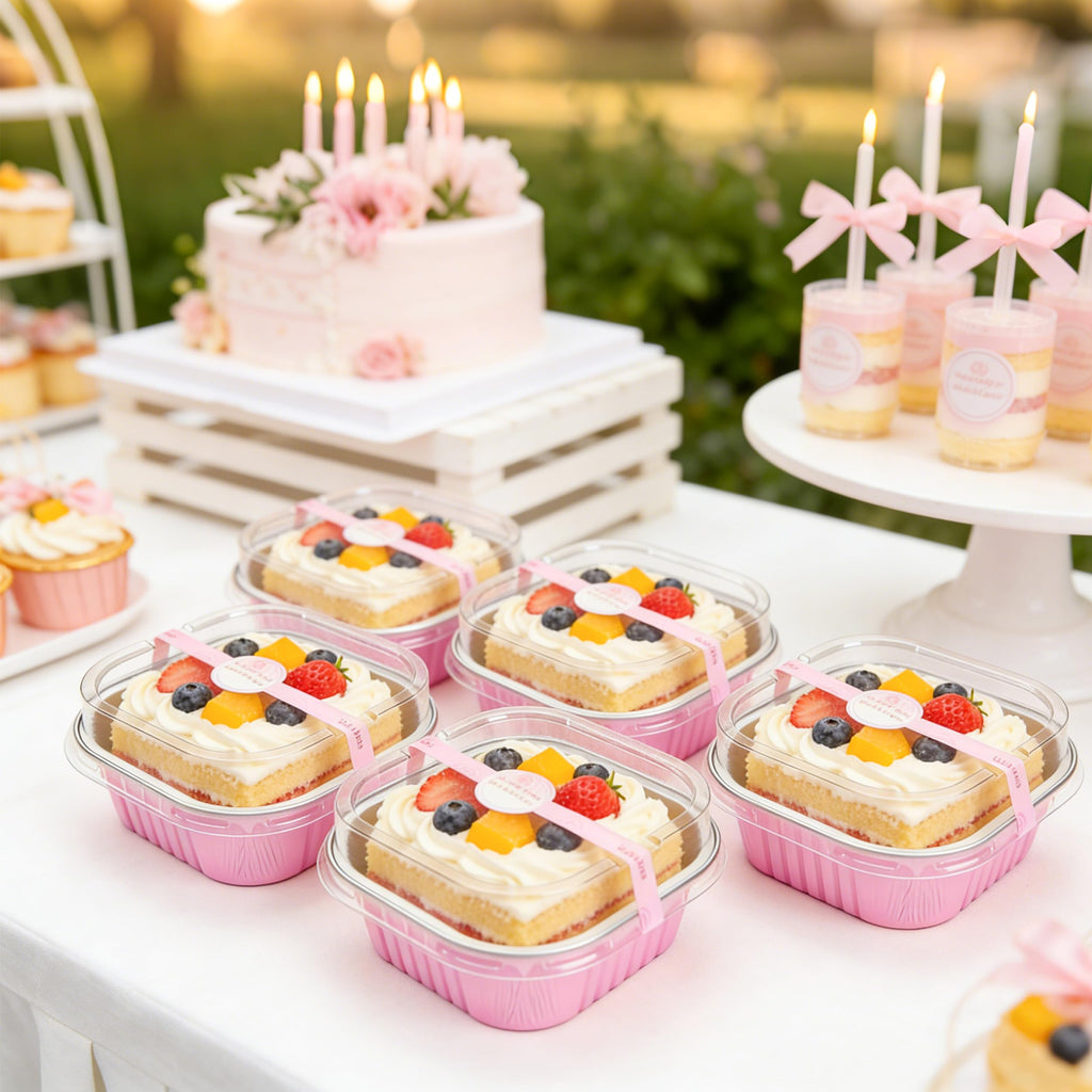 NPLUX 50 Pack Mini Cake Pans with Lids and Spoons Aluminum Foil Pans Square Cupcake Liners Brownie Baking Cups Disposable Ramekins Holders(Pink, 5oz)