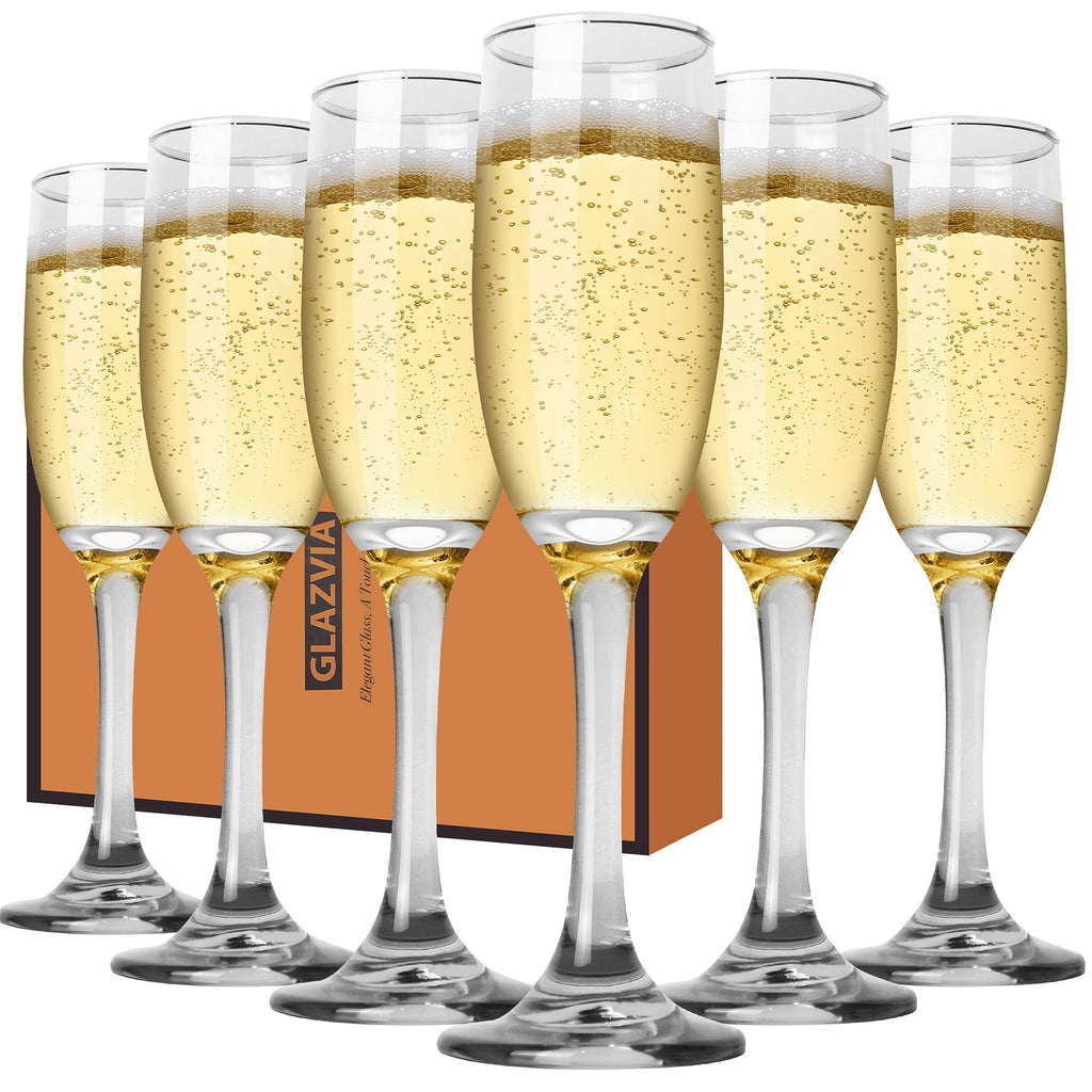 GLAZVIA Champagne Flutes Glasses Set of 6-6oz Elegant Crystal Glass, Classic Long Stem Clear Champagne Flute Gift for Wedding, Anniversaries, Parties, Birthday, Restaurant, Home Bar