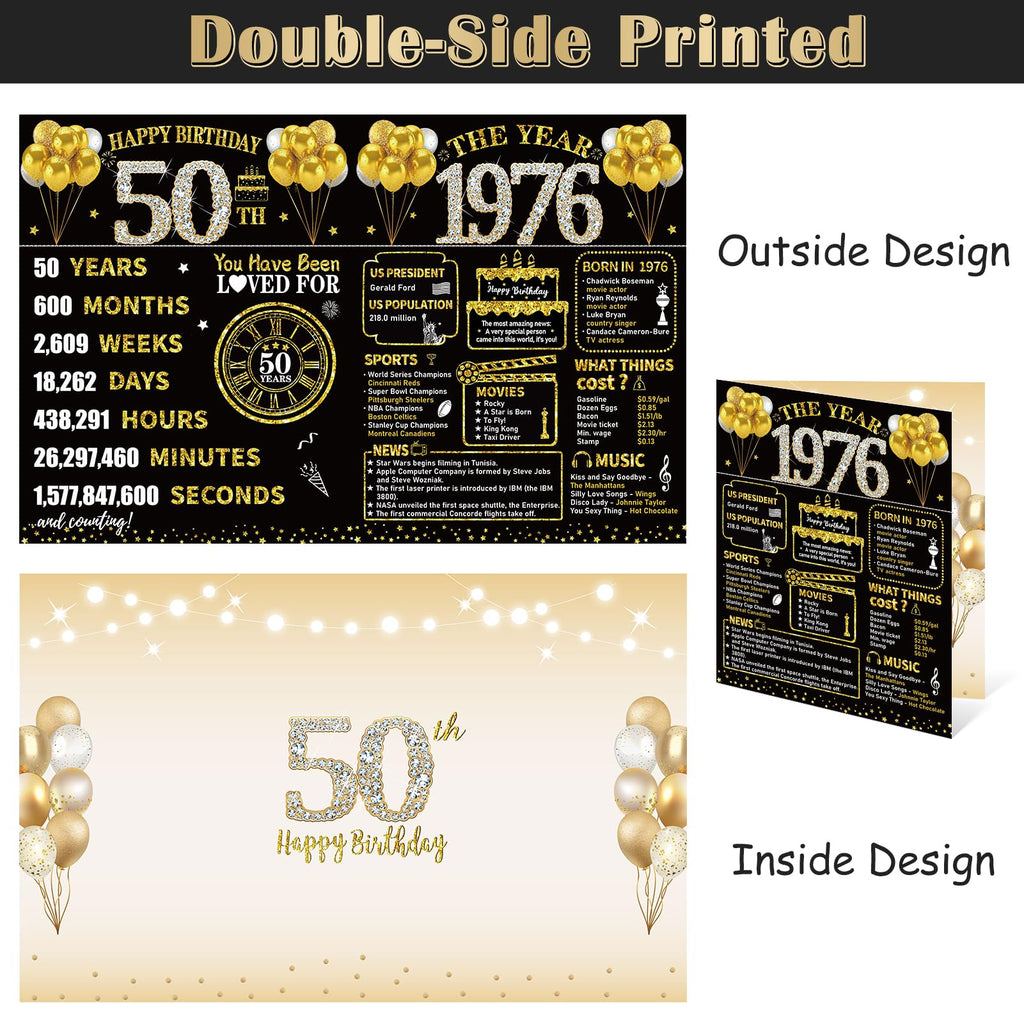 Kuxriox Large 50th Birthday Card With Envelope, Black Gold Happy 50th Birthday Giant Guest Book Gifts for Men Women, Giant Fifty Bday Card Gifts Party Supplies, The Year 1976 Jumbo 50 Bday Card