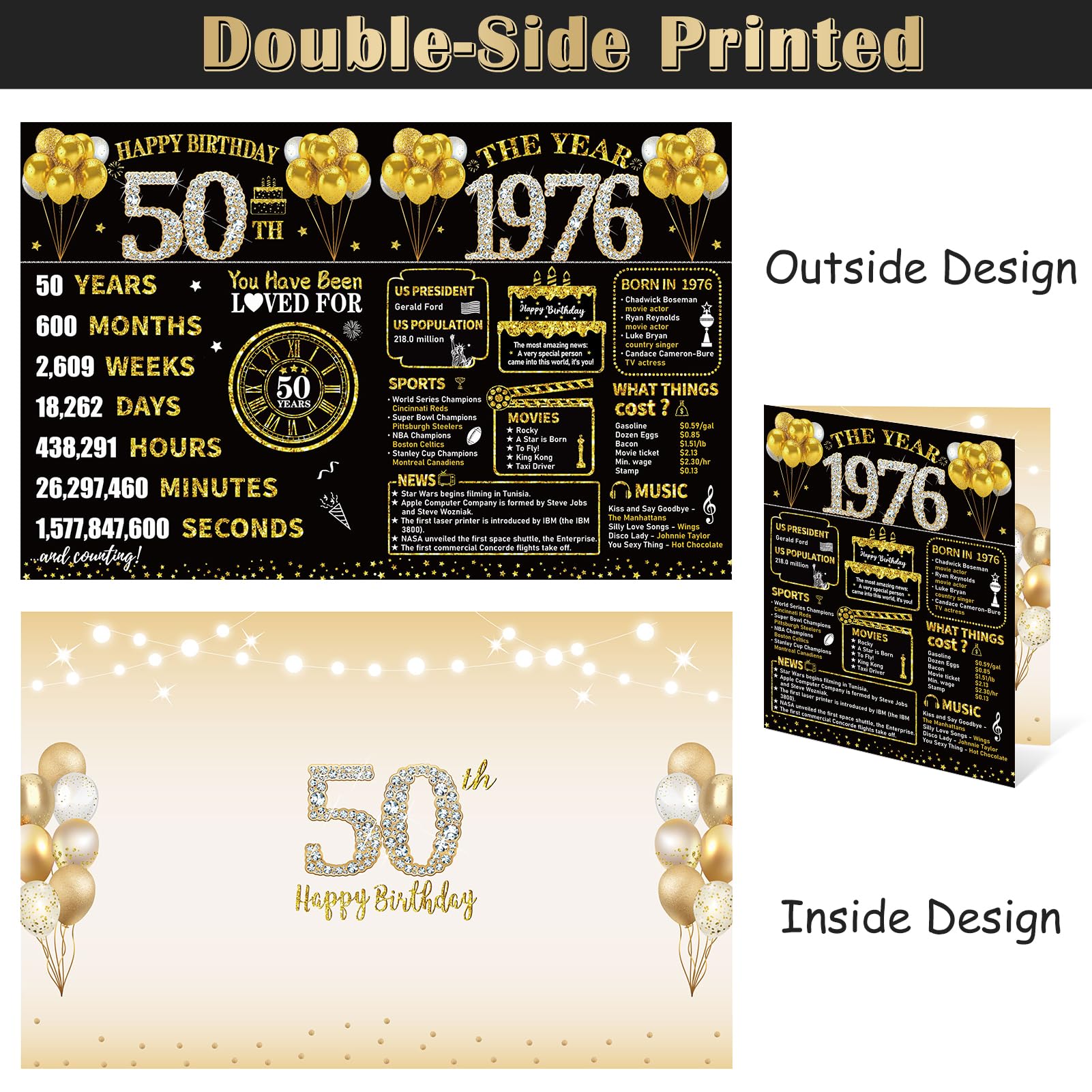 Kuxriox Large 50th Birthday Card With Envelope, Black Gold Happy 50th Birthday Giant Guest Book Gifts for Men Women, Giant Fifty Bday Card Gifts Party Supplies, The Year 1976 Jumbo 50 Bday Card