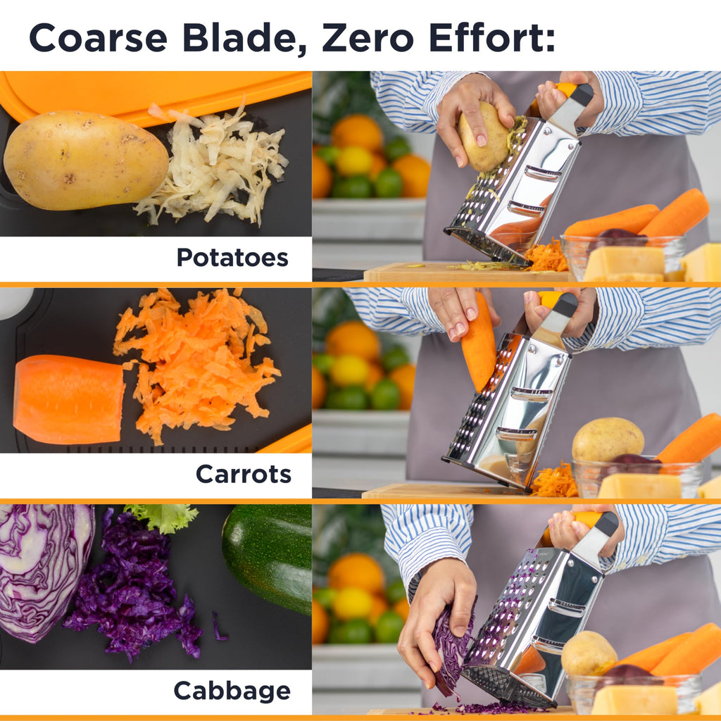 Deiss PRO Box Grater & Cheese Graters for Kitchen - Stainless Steel Cheese Grater and Food Shredder, 4 Sided Hand Grater for Block Cheese, Vegetables Non-Slip Base, Dishwasher Safe