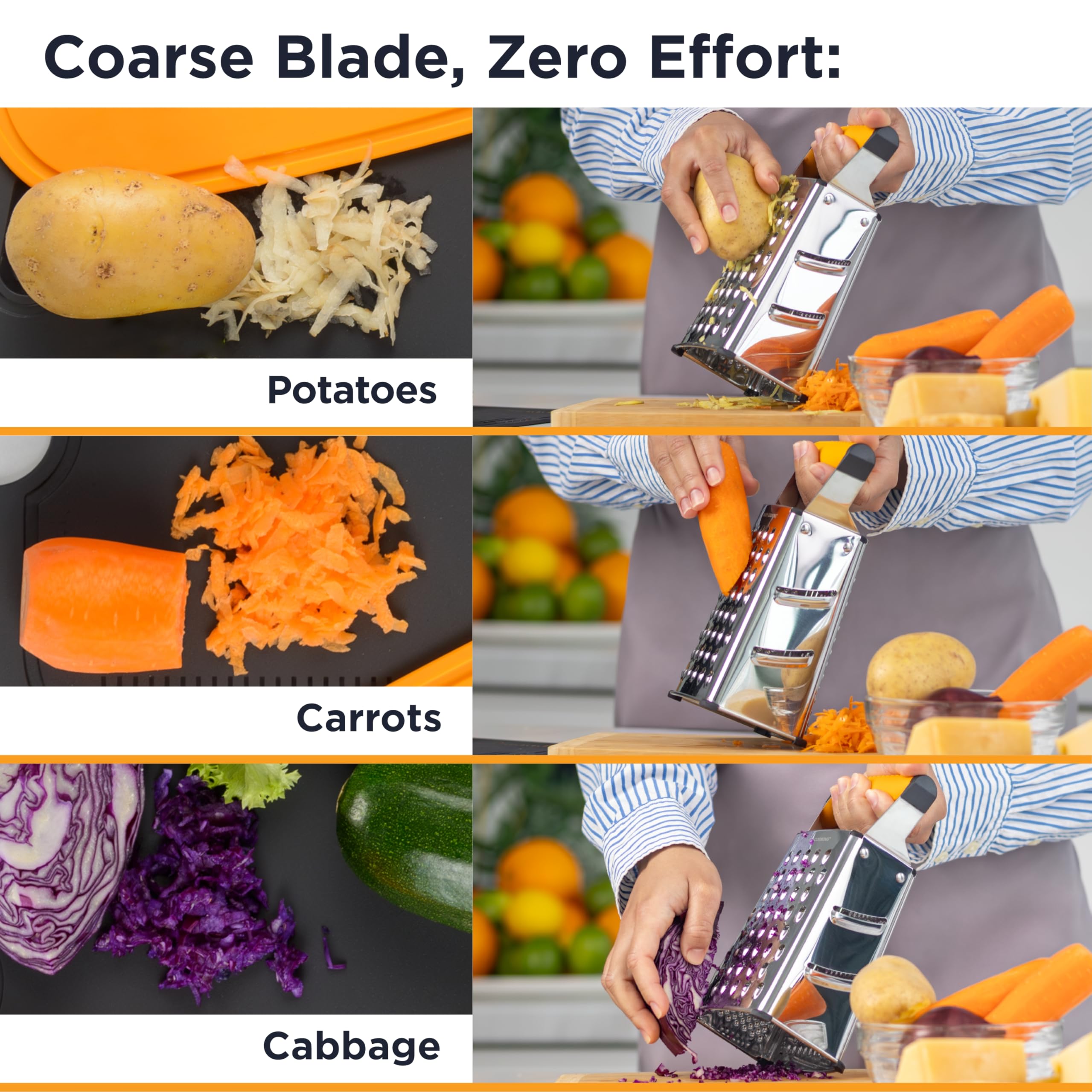 Deiss PRO Box Grater & Cheese Graters for Kitchen - Stainless Steel Cheese Grater and Food Shredder, 4 Sided Hand Grater for Block Cheese, Vegetables Non-Slip Base, Dishwasher Safe
