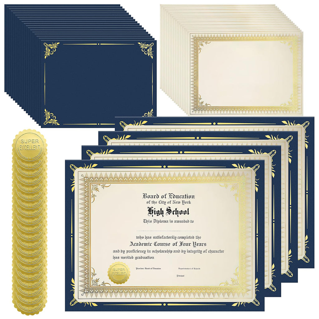 50 Sets Certificate Kit Includes 50 Pcs 9.5 x 12 Inch Certificate Holder 50 Certificate Paper and 50 Certificate Seals Stickers for Graduation Diploma Award Accomplishment (Navy Blue, Gold)