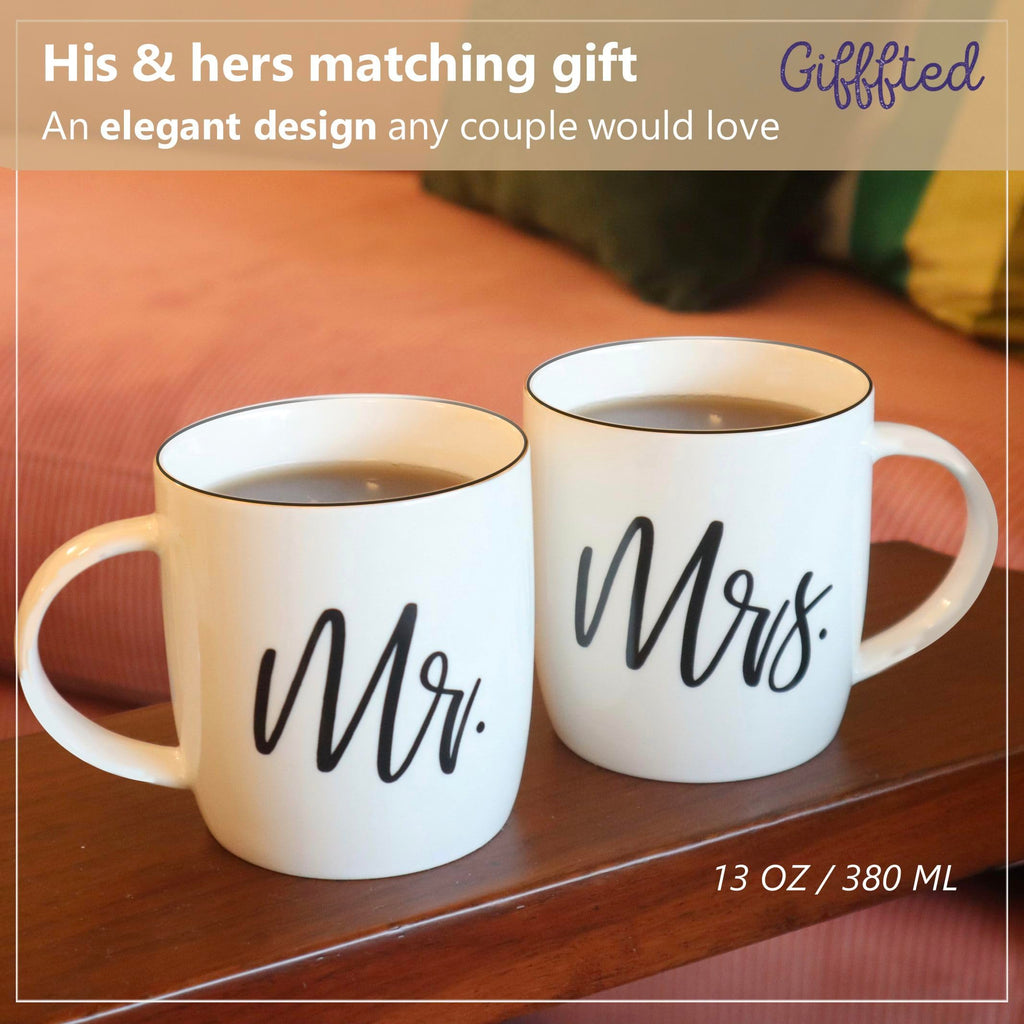 Triple Gifffted Mr and Mrs Coffee Mugs Couples Gifts Ideas for Christmas Wedding Anniversary Engagement Valentines His Hers Present,Husband Wife Him Her Men Women Bride Groom Newlyweds, Ceramic 380ml