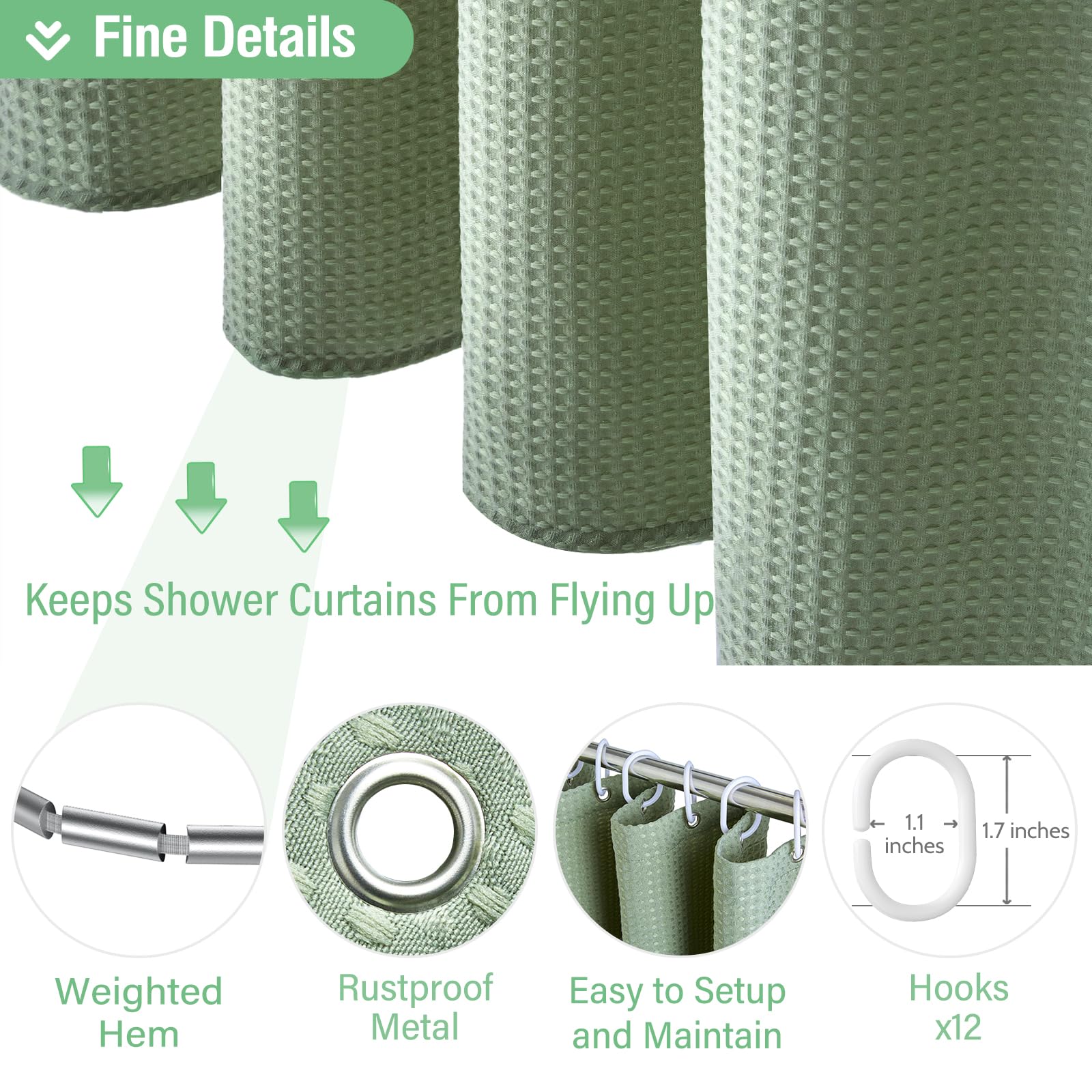 Dynamene Sage Green Shower Curtain - Waffle Textured Heavy Duty Thick Fabric Shower Curtains for Bathroom, 256GSM Luxury Weighted Polyester Cloth Bath Curtain Set with 12 Plastic Hooks，72Wx72H,Green