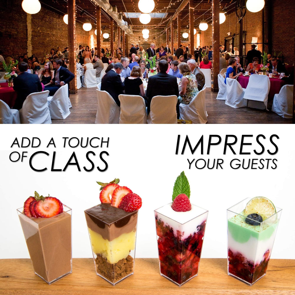 DLux 100 x 3 oz Mini Dessert Cups (no Spoons), Square Tall - Clear Plastic Parfait Appetizer Cup - Small Reusable Serving Bowl for Tasting Party Desserts Appetizers - with Recipe eBook