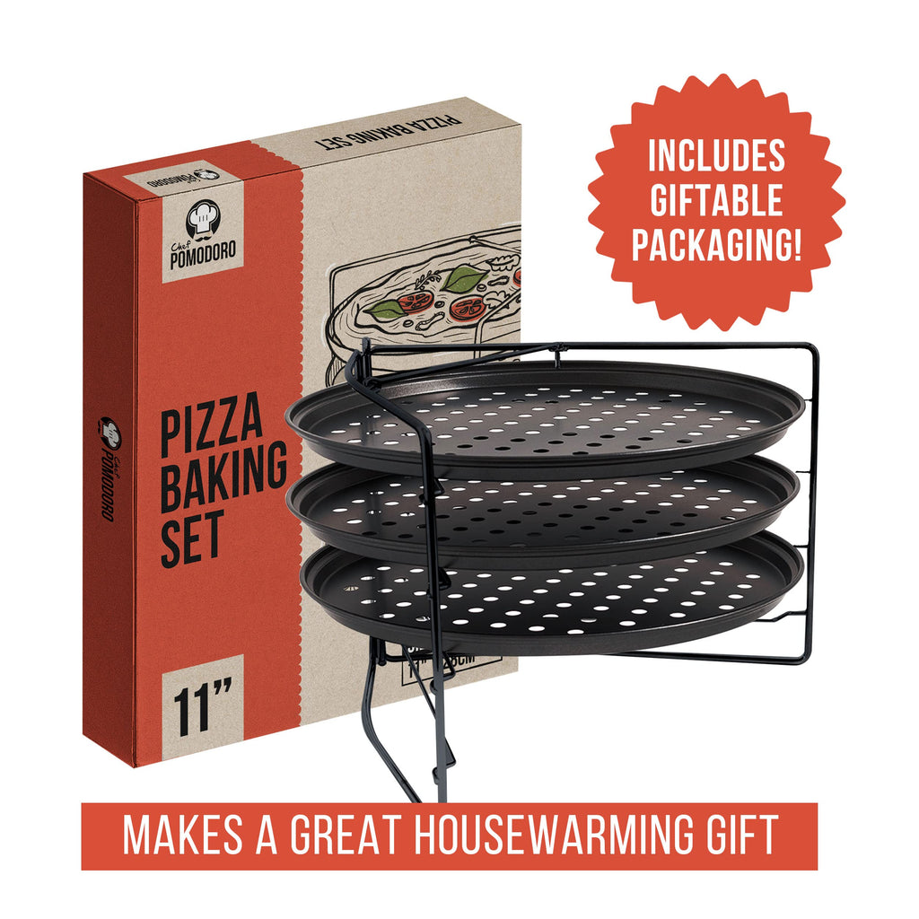 Chef Pomodoro Pizza Baking Set with 3 Pizza Pans and Pizza Rack, (11-Inch Pans), Non-stick Perforated Pizza Trays for Oven, Grill, Pizza Pan with Holes, Pizza Pan for Oven, Barbeque, Bakeware Supplies