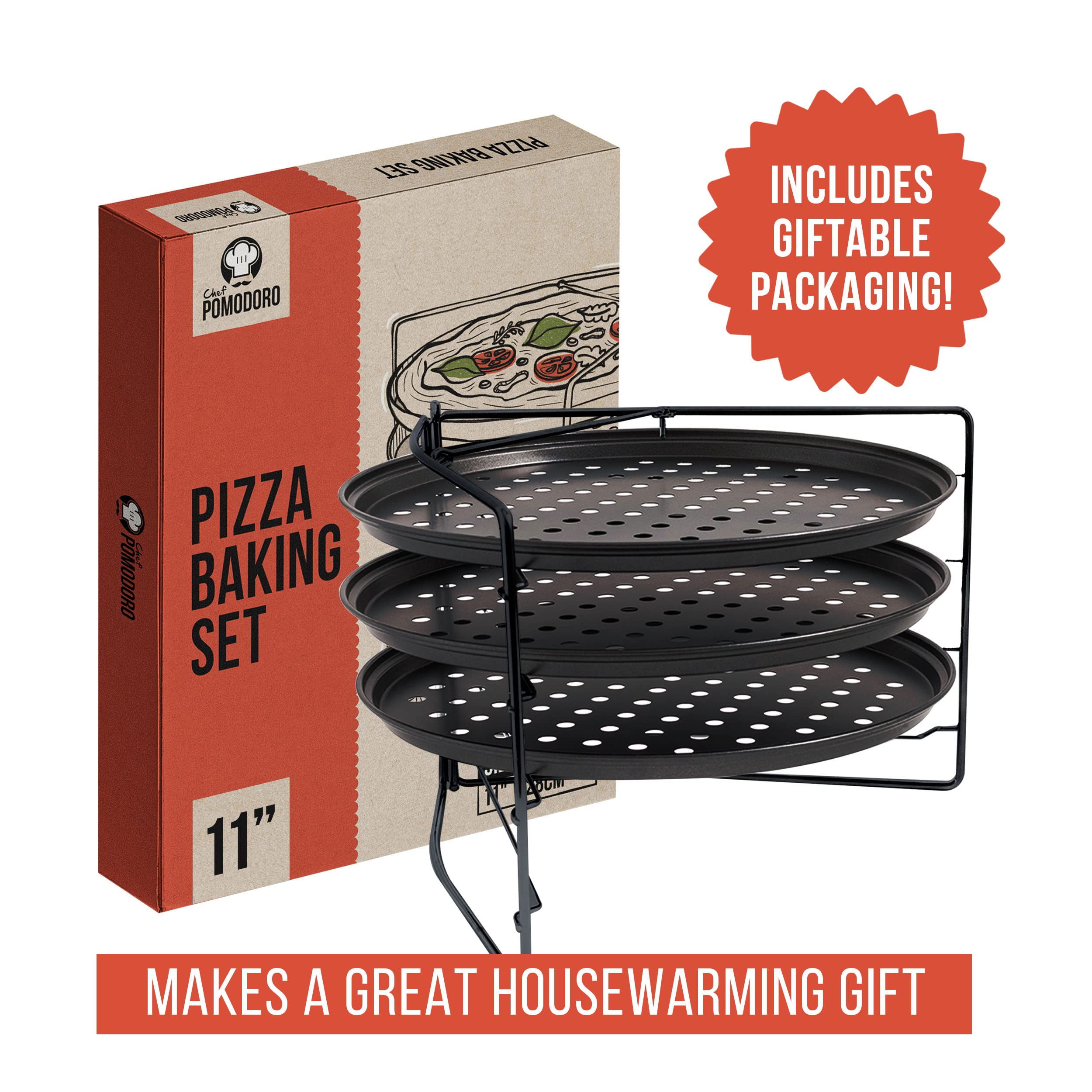 Chef Pomodoro Pizza Baking Set with 3 Pizza Pans and Pizza Rack, (11-Inch Pans), Non-stick Perforated Pizza Trays for Oven, Grill, Pizza Pan with Holes, Pizza Pan for Oven, Barbeque, Bakeware Supplies