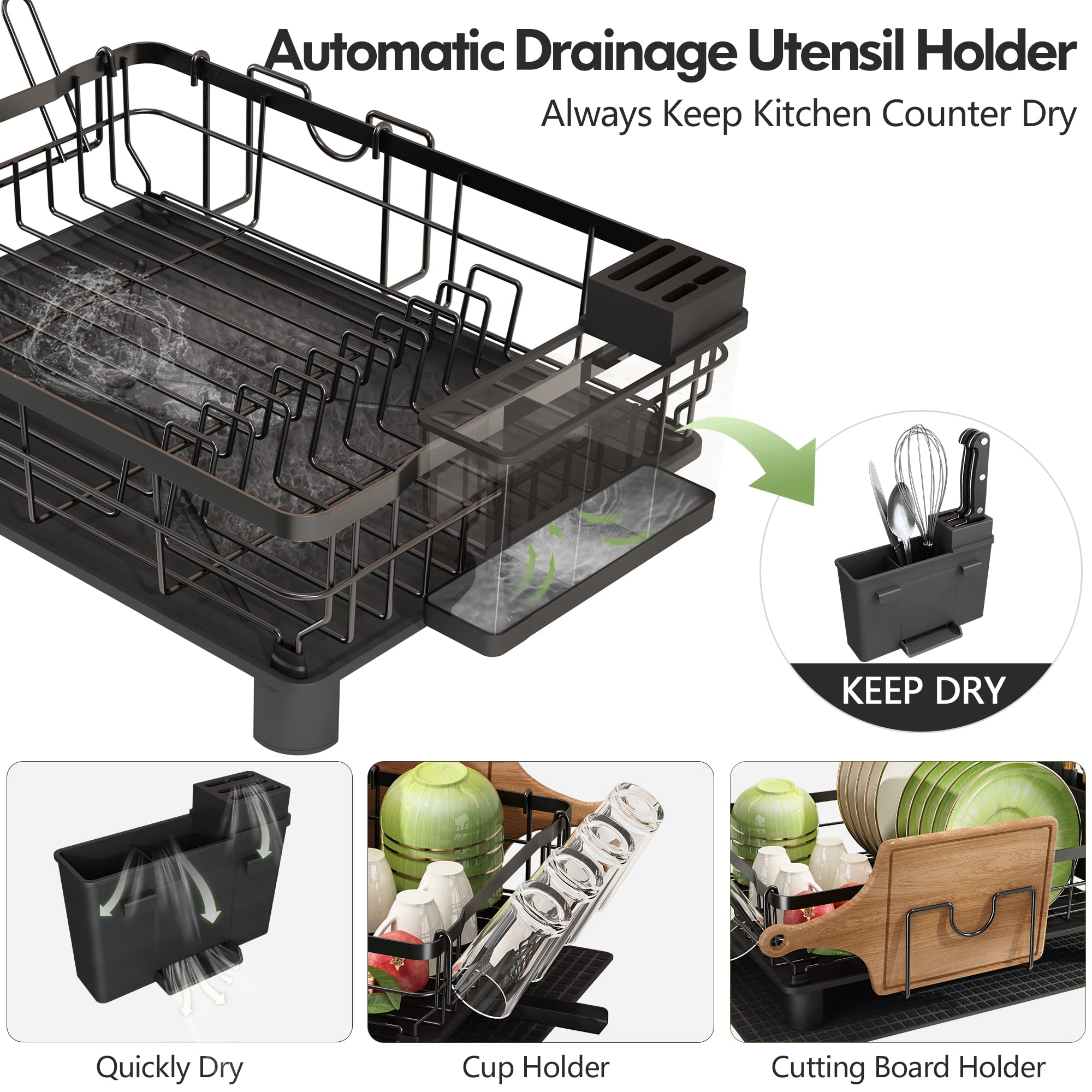 Boosiny Dish Drying Rack with Drainboard, Dish Racks for Kitchen Counter, Small Stainless Steel Kitchen Dish Drainer with Cutlery Holder, Cup Holder, Cutting-Board Holder and Extra Dry Mat