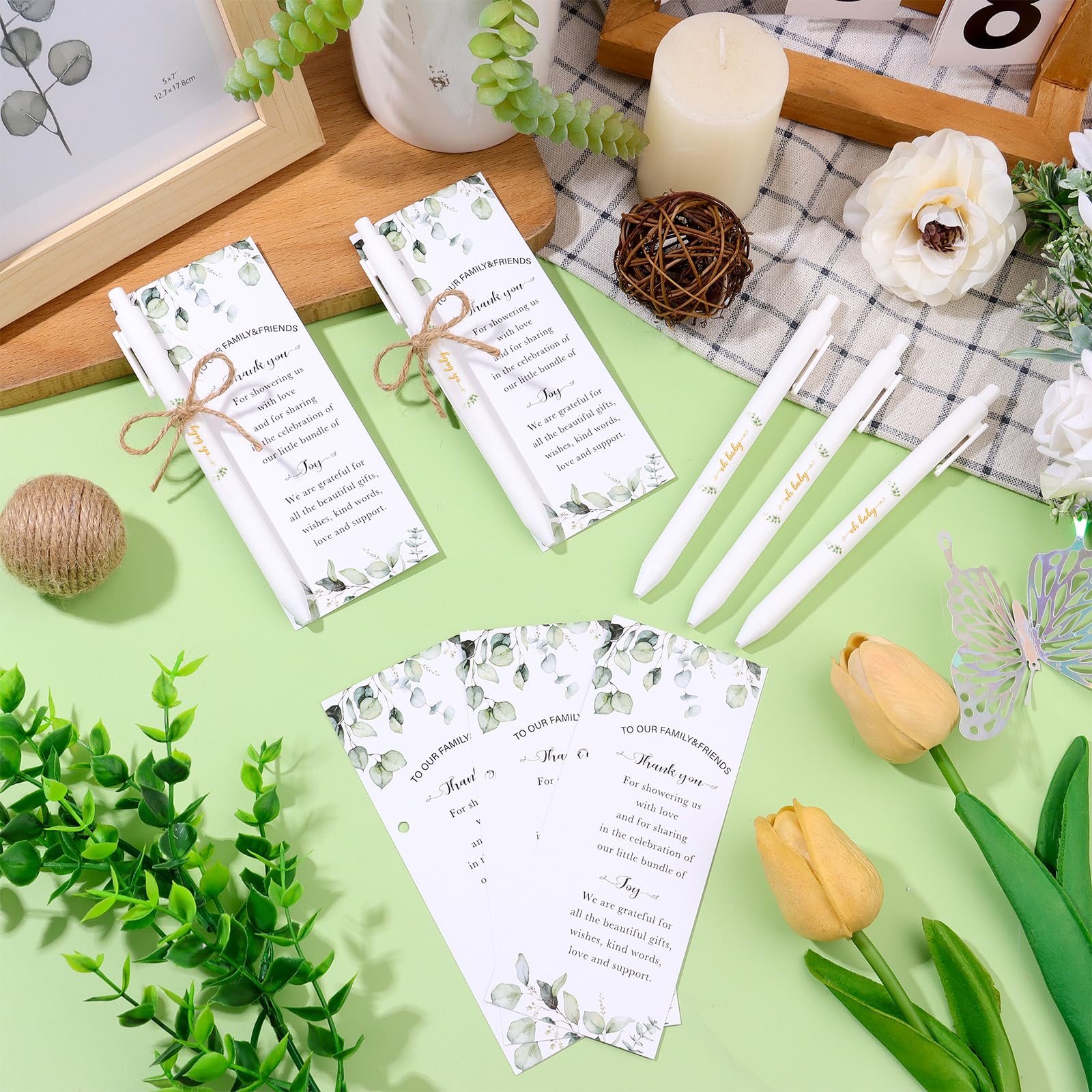 PIAOPIAONIU 36 Sets Baby Shower Favors for Guests Oh Baby Plastic Ballpoint Pens Thank You Cards with Hemp Rope for Gender Reveal Party Game Prizes Souvenirs (Greenery)