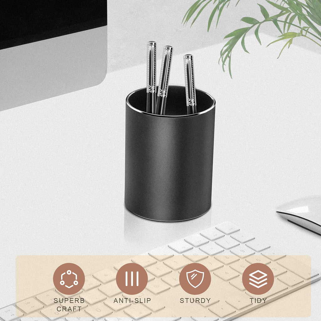 VAYDEER Metal Pen Holder Round Aluminum Desktop Organizer and Cup Storage Box for Office,School,Home and Kids 3.9×3.1 inch (black)