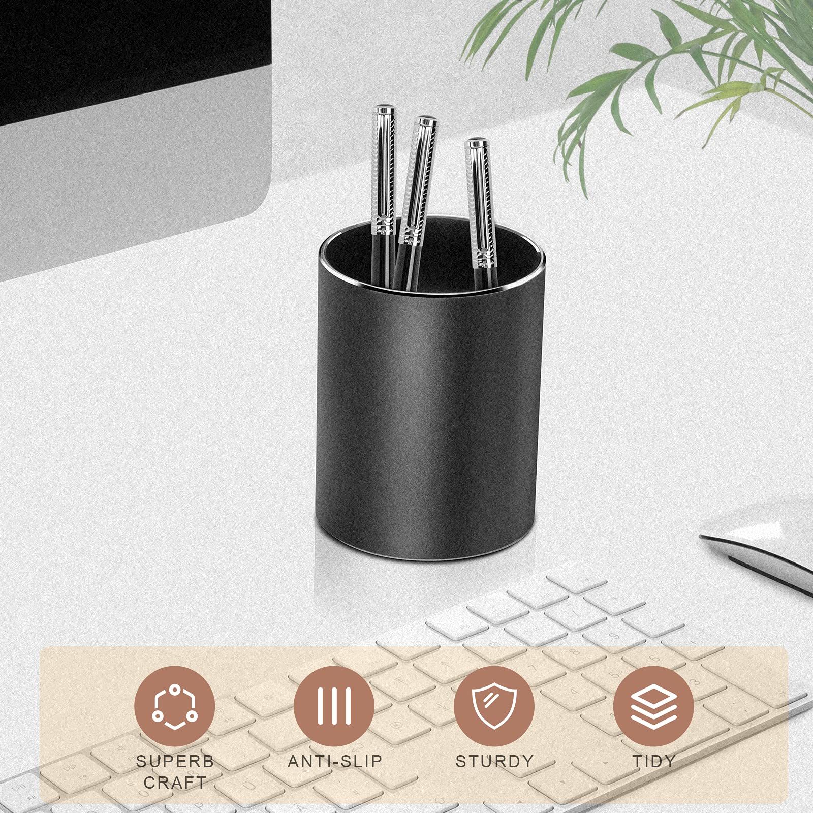 VAYDEER Metal Pen Holder Round Aluminum Desktop Organizer and Cup Storage Box for Office,School,Home and Kids 3.9×3.1 inch (black)