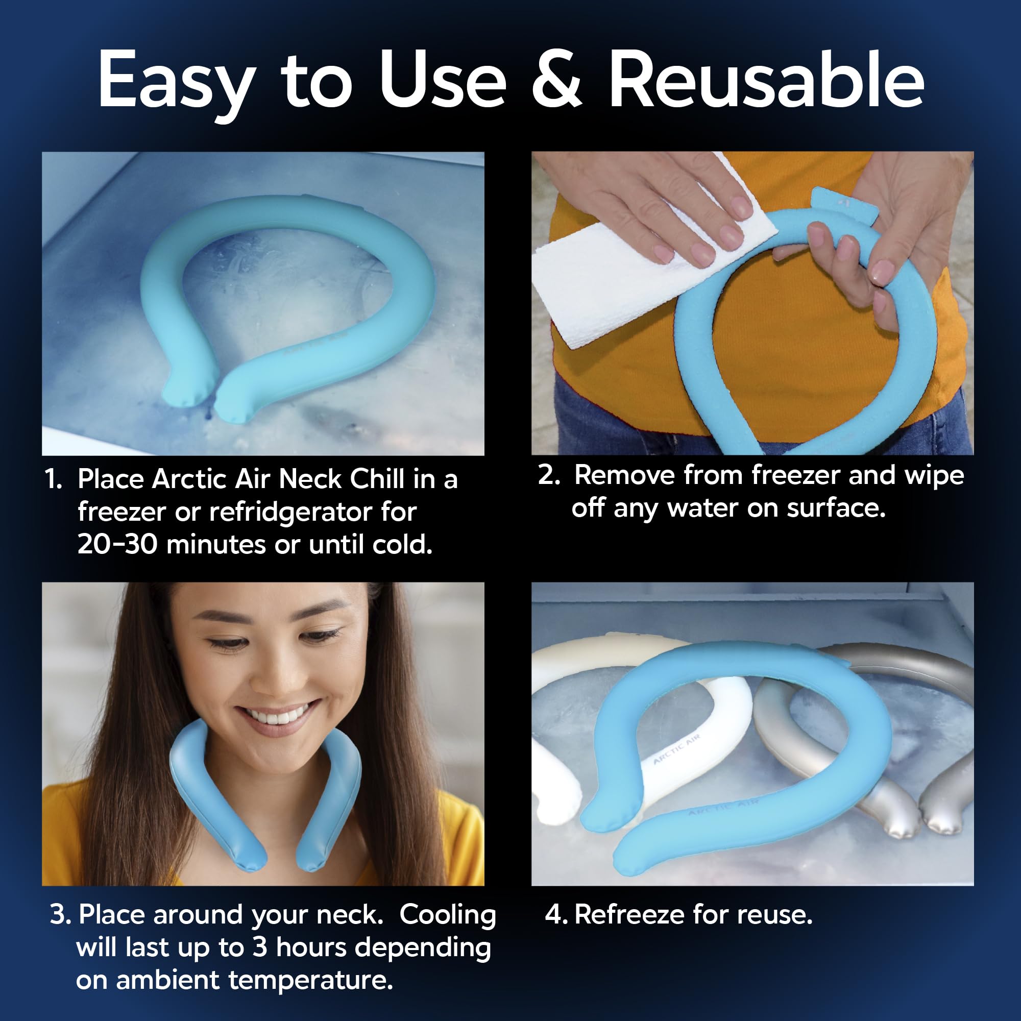 Arctic Air Neck Chill, Neck Cooling Tube, Hands Free Cooling, Quick Freeze Gel, Wearable Body Coolers for Hot Weather, Reusable, Adjustable Fit, 3 Pack