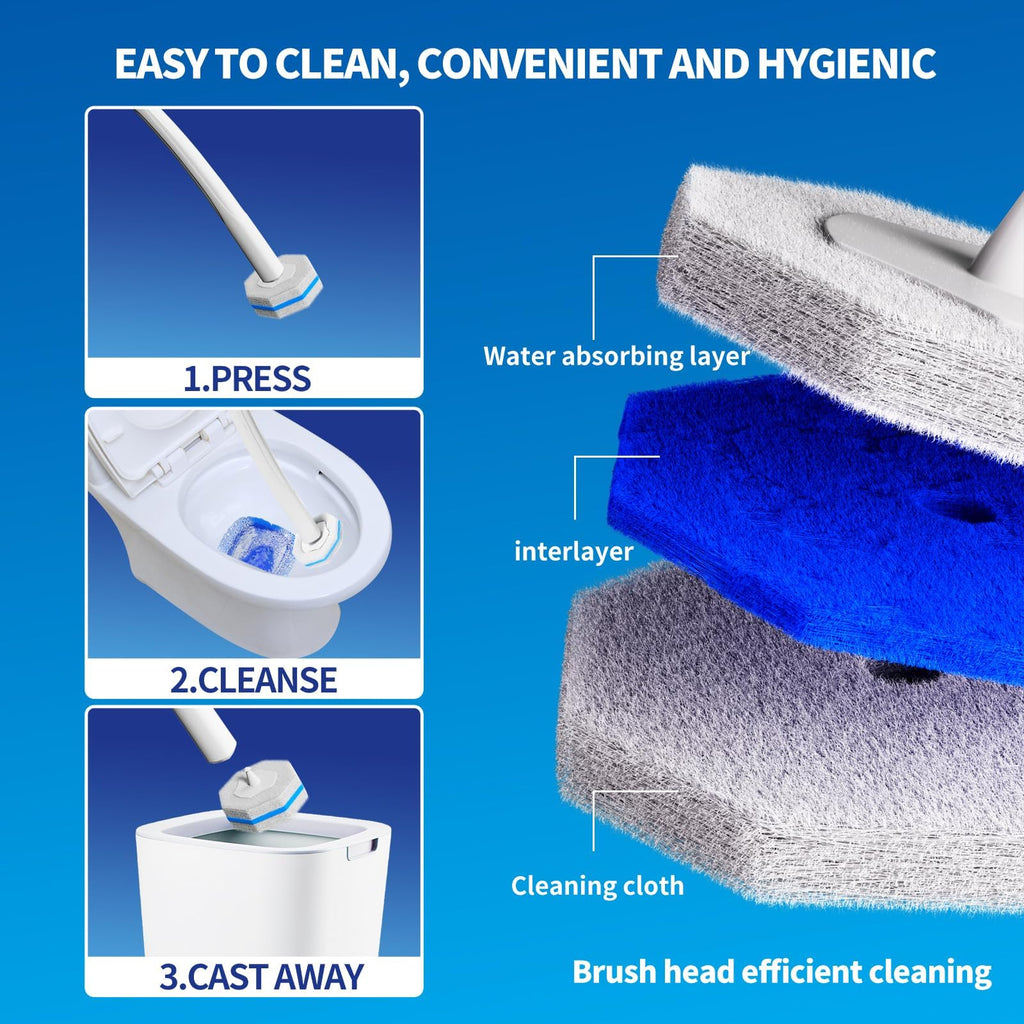 Disposable Toilet Brush Cleaning System with 50pcs Refills Pads Replacement Heads, Toilet Cleaning Stick, Wall Mounted Toliet Wand Kit Bathroom Maintenance, Toilet Bowl Cleaner Wands Holder and Set