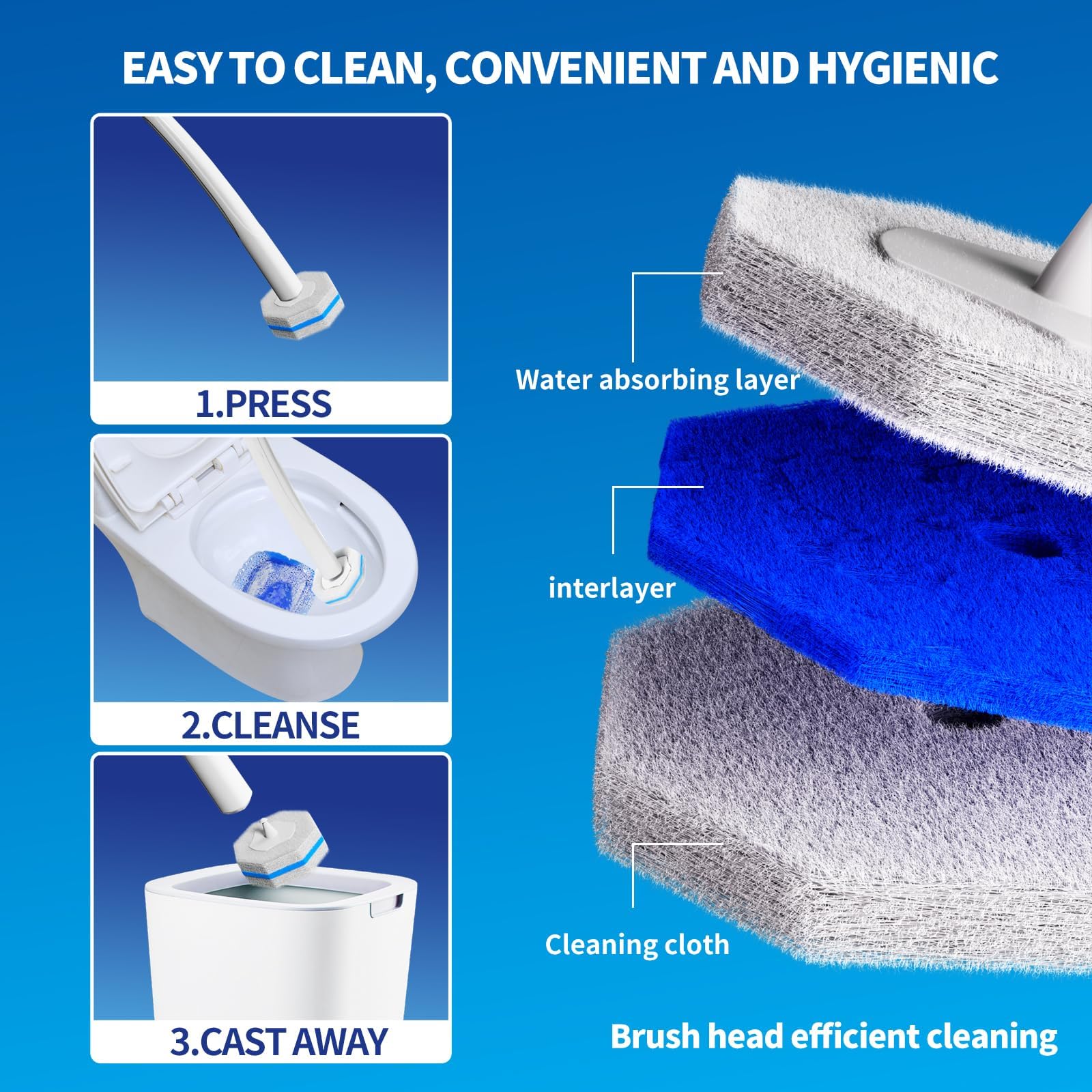 Disposable Toilet Brush Cleaning System with 50pcs Refills Pads Replacement Heads, Toilet Cleaning Stick, Wall Mounted Toliet Wand Kit Bathroom Maintenance, Toilet Bowl Cleaner Wands Holder and Set