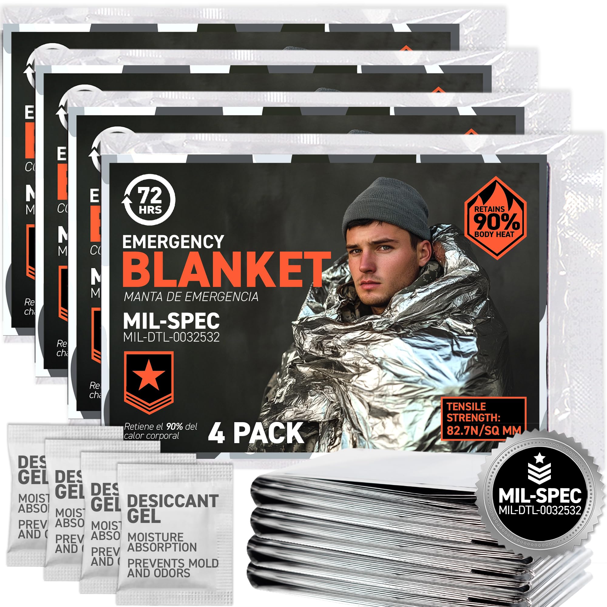 72 HRS (Pack of 4) MIL-SPEC 137 × 224 cm Emergency Blanket-Mylar Blanket, Thermal Blanket Emergency, Waterproof, Retains 90% Body Heat for Winter Camping, Hiking, First Aid, Extreme Weather