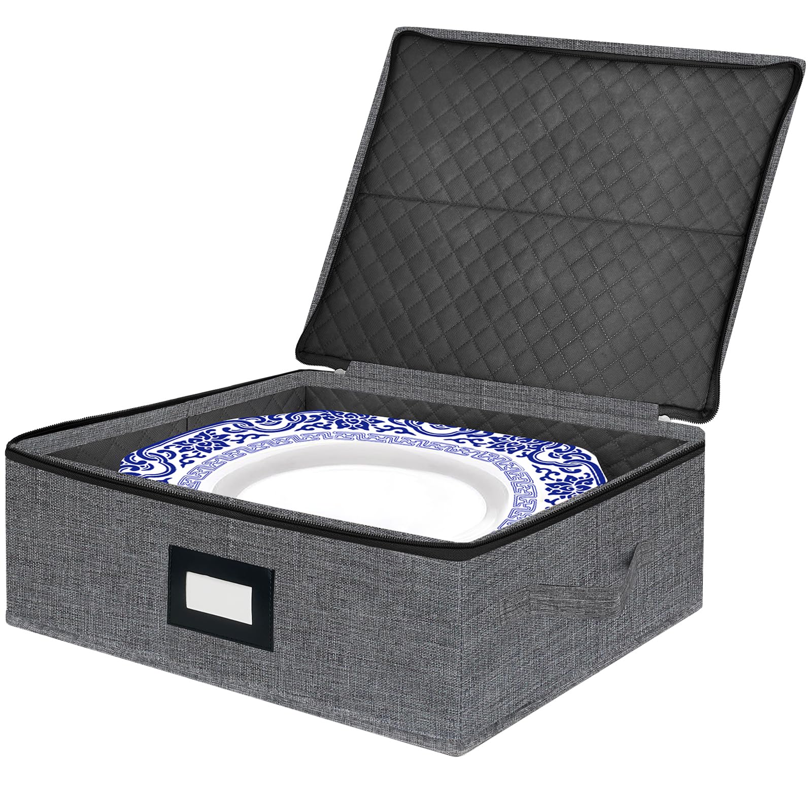 Platter Storage Case - Stackable China Storage Containers Hard Shell with Durable Zipper & Label & Sturdy Handles, 5.3” Height, Structured Top, 4 Felt Dividers Included