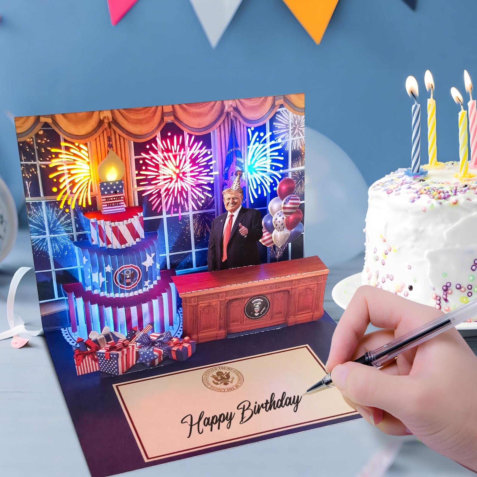 3D Pop-Up Birthday Card with Music & Light – President’s Voice Funny Greeting, Happy Birthday Song & Blow-Out Candle Effect – Unique Gift for Him & Her