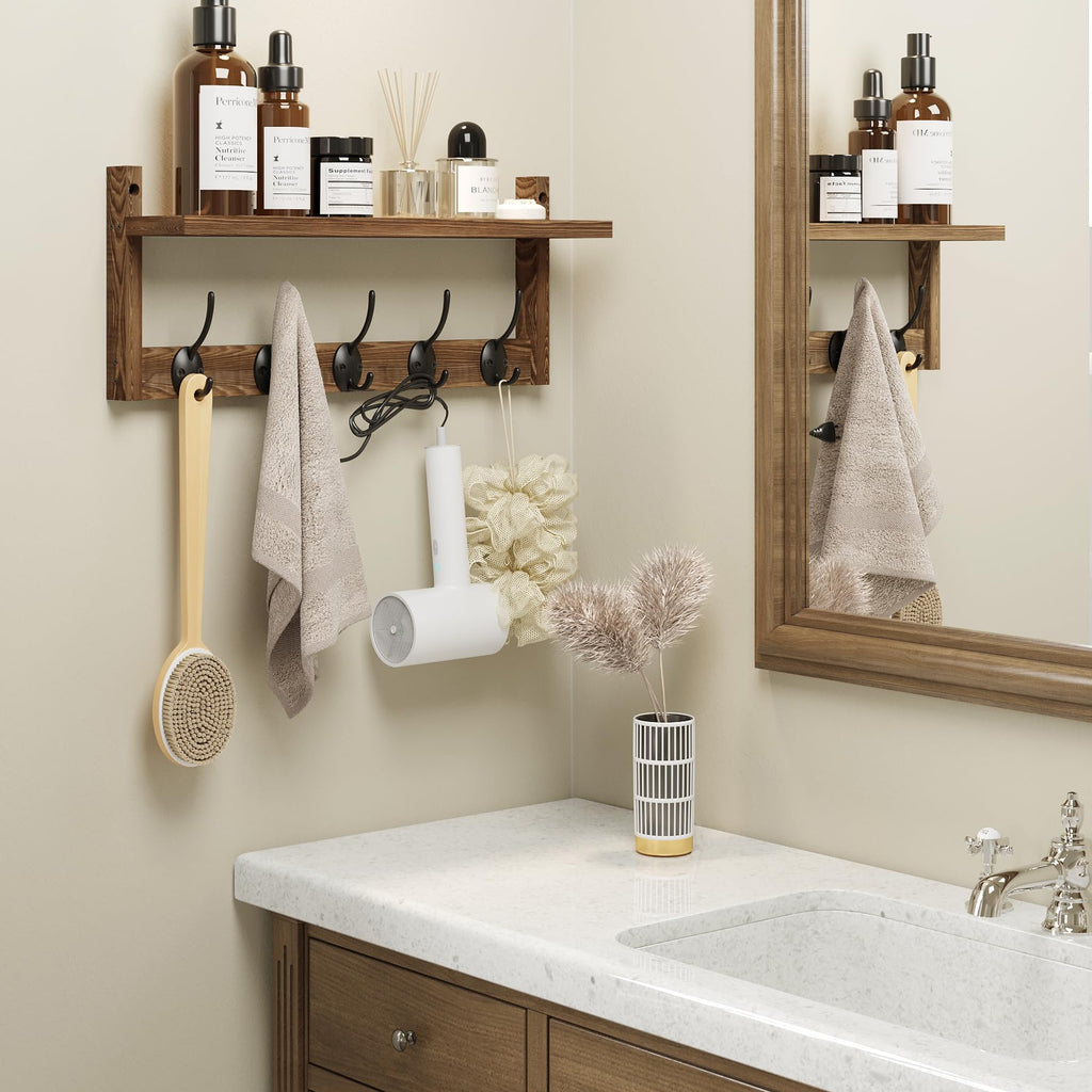 AMBIRD Retro Brown Wood Wall Mount Coat Hook Rack with 5 Dual Hooks and Shelf for Bathroom, Bedroom, Kitchen, Entrance
