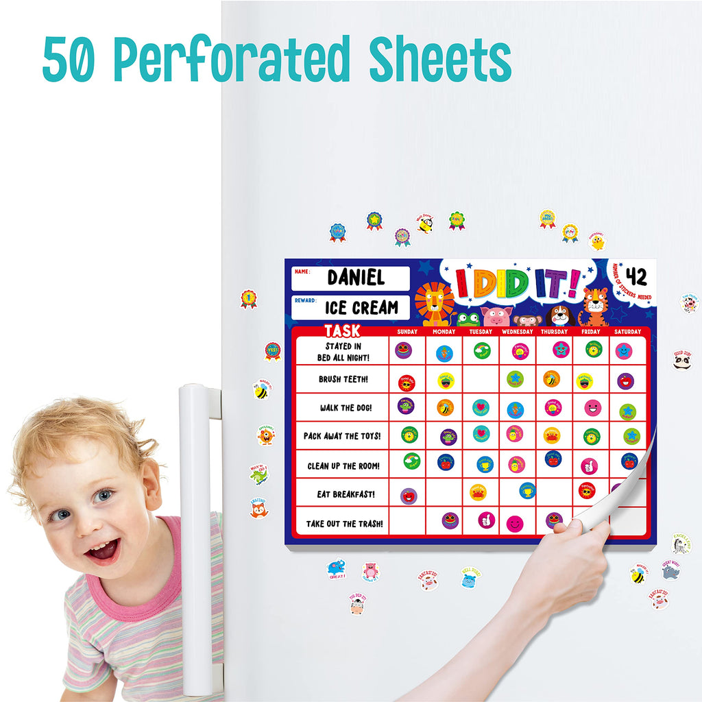 Magnetic I Did It Reward Chart, Behavior Reward Chart System with 50 Perforated Sheets Plus 2648 Motivational Stickers Fridge Daily Schedule Chore Chart to Motivate Good Habits & Responsibilities