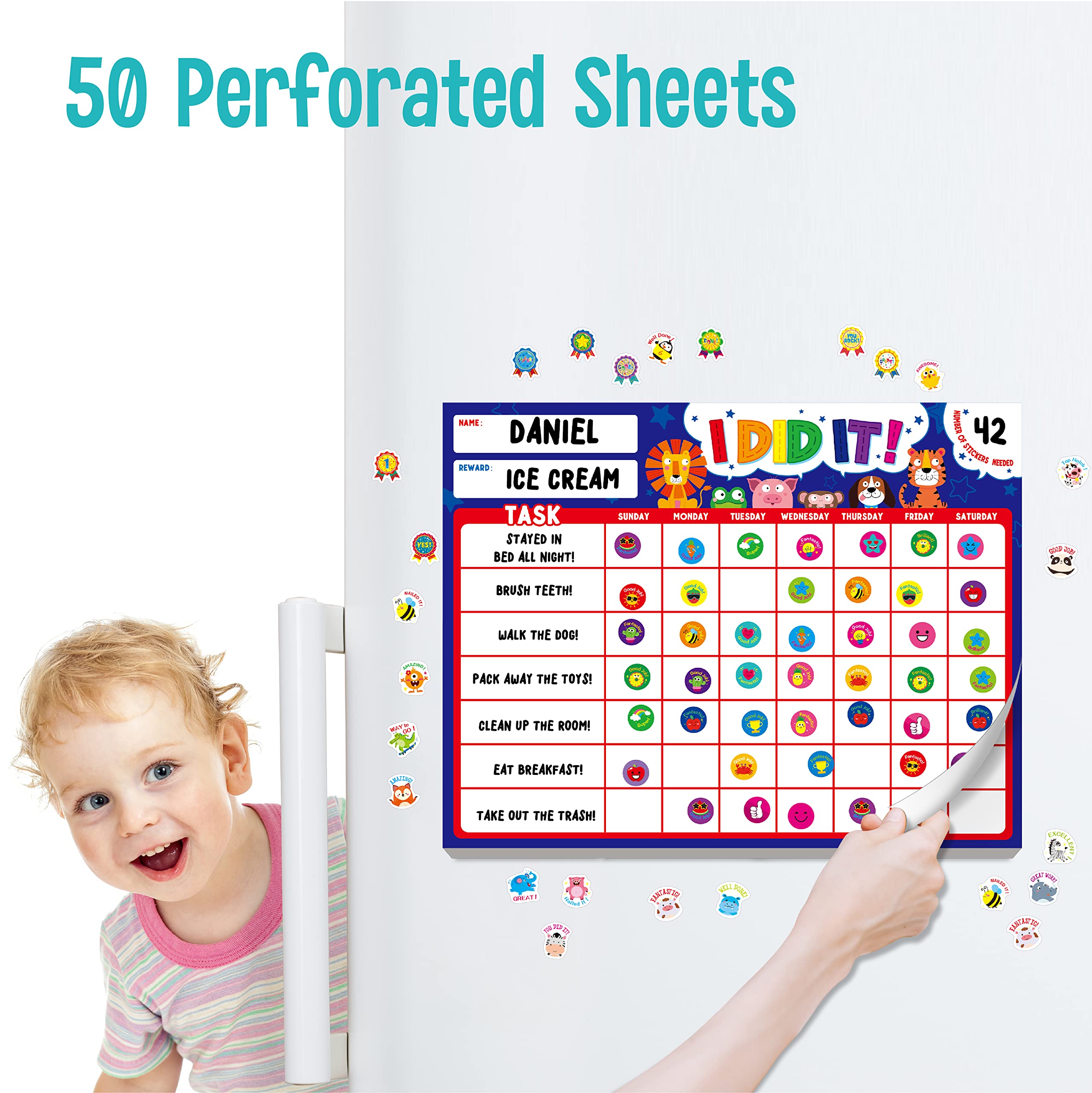 Magnetic I Did It Reward Chart, Behavior Reward Chart System with 50 Perforated Sheets Plus 2648 Motivational Stickers Fridge Daily Schedule Chore Chart to Motivate Good Habits & Responsibilities