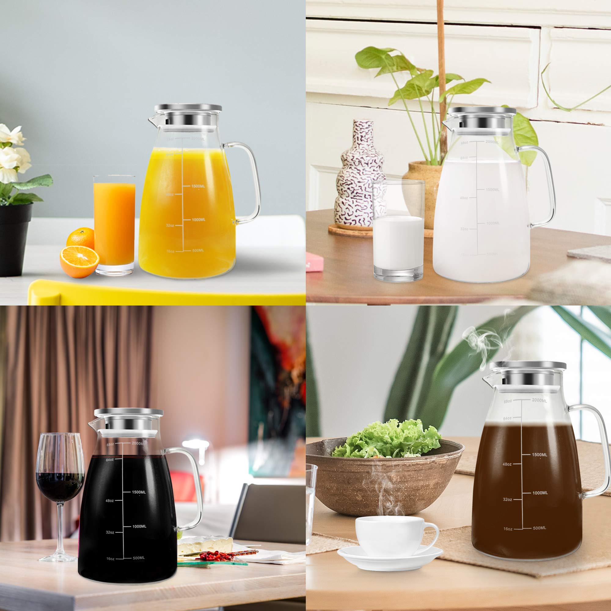 Water Pitcher, 2 L Glass Pitcher with Lid and Precise Scale Line, Stainless Steel Glass Jug, Easy Clean Heat Resistant Borosilicate Ice Tea Pitcher for Coffee, Milk, Juice, Cold or Hot Beverages