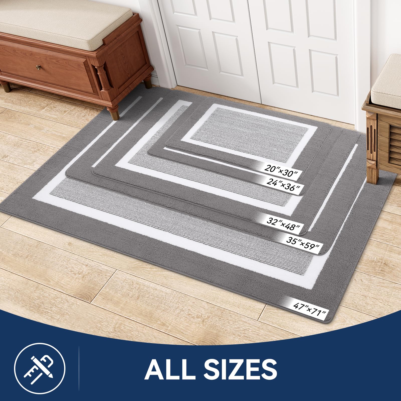 Kitinjoy Indoor Door Mat, Non-Slip Absorbent Mud Trapper Front Door Mats,Washable Durable Door Mats Indoor, Low-Profile Entryway Mat Entrance Mat Indoor, 30"x20",Grey
