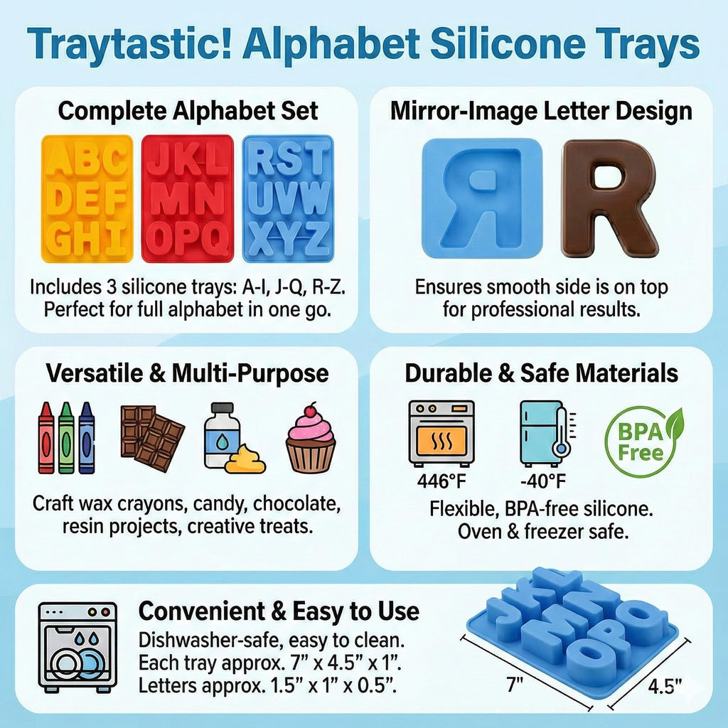 Traytastic! Silicone Letter Mold A-Z Alphabet - Large 1.5" Cavity - Wax Crayons, Resin, Candy, Chocolate, Crafting, Baking, Molding, Melting - Oven & Dishwasher Safe, BPA Free