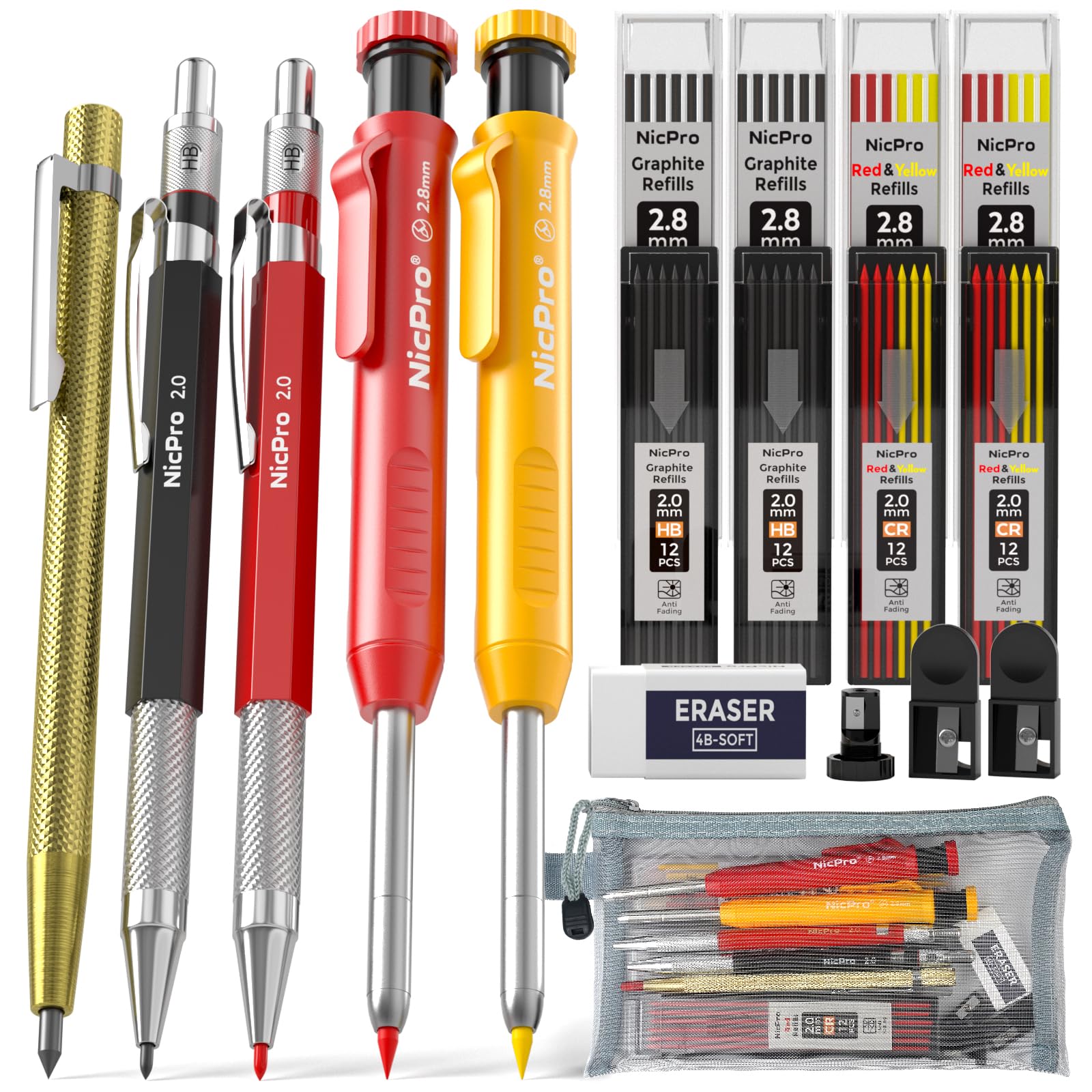Nicpro 18 Pack Carpenter Pencil Set with Sharpener, Mechanical Carpenter Pencil 76 Refills(Black Red Yellow) & Carbide Scribe Tool, Deep Hole Markers Construction Heavy Duty Woodworking for Architect
