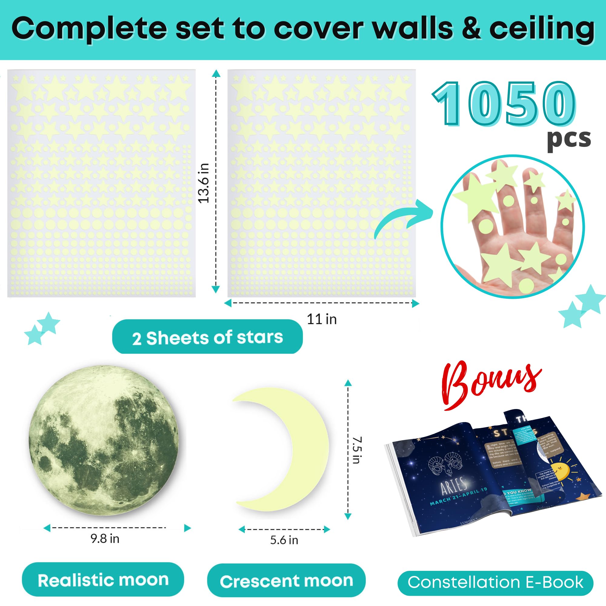 LUMOSX Glow in The Dark Stars for Ceiling - 1050pcs w/Moons + Ebook, Glow in The Dark Stickers of Ceiling Stars Glowing Star Decal Decoration, Star Ceiling for Kids Room Decor Kids