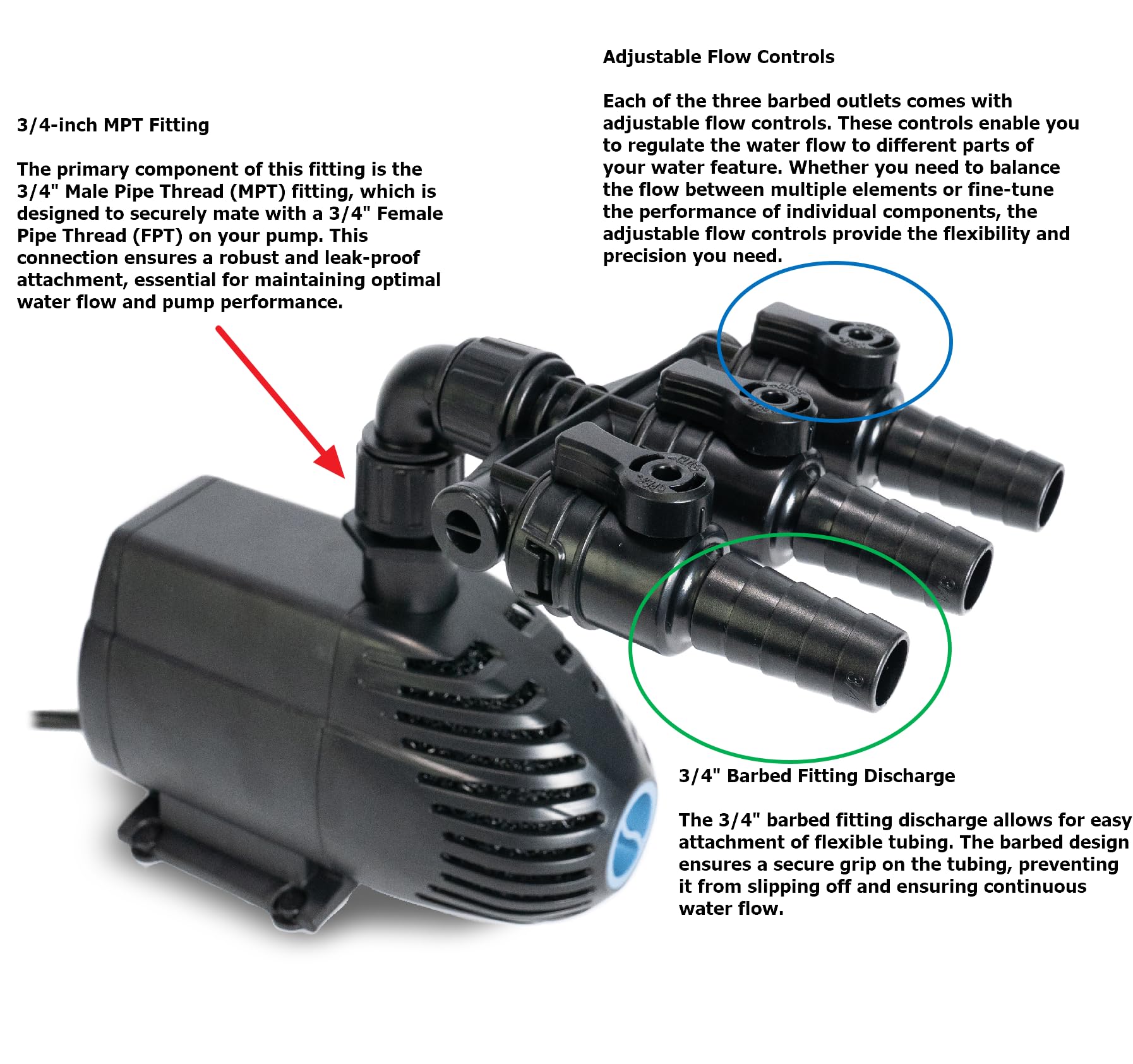 Aquascape 3-Way Valve 3/4" MPT x 3/4" Barb – Multi-Outlet Pump Plumbing Connector for Ponds, Fountains & Water Features, 88026