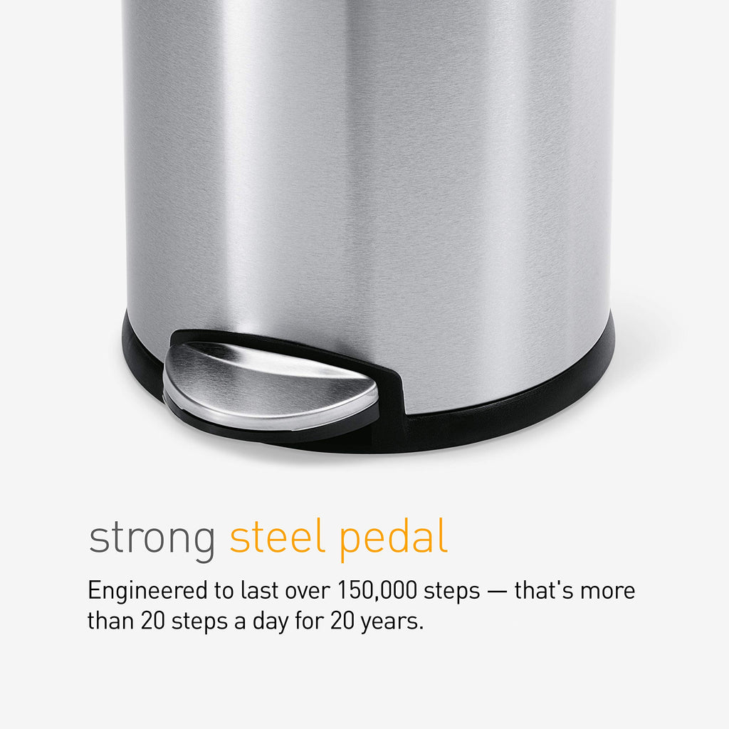simplehuman 4.5 Liter / 1.2 Gallon Compact Stainless Steel Round Bathroom Step Trash Can, White Stainless Steel