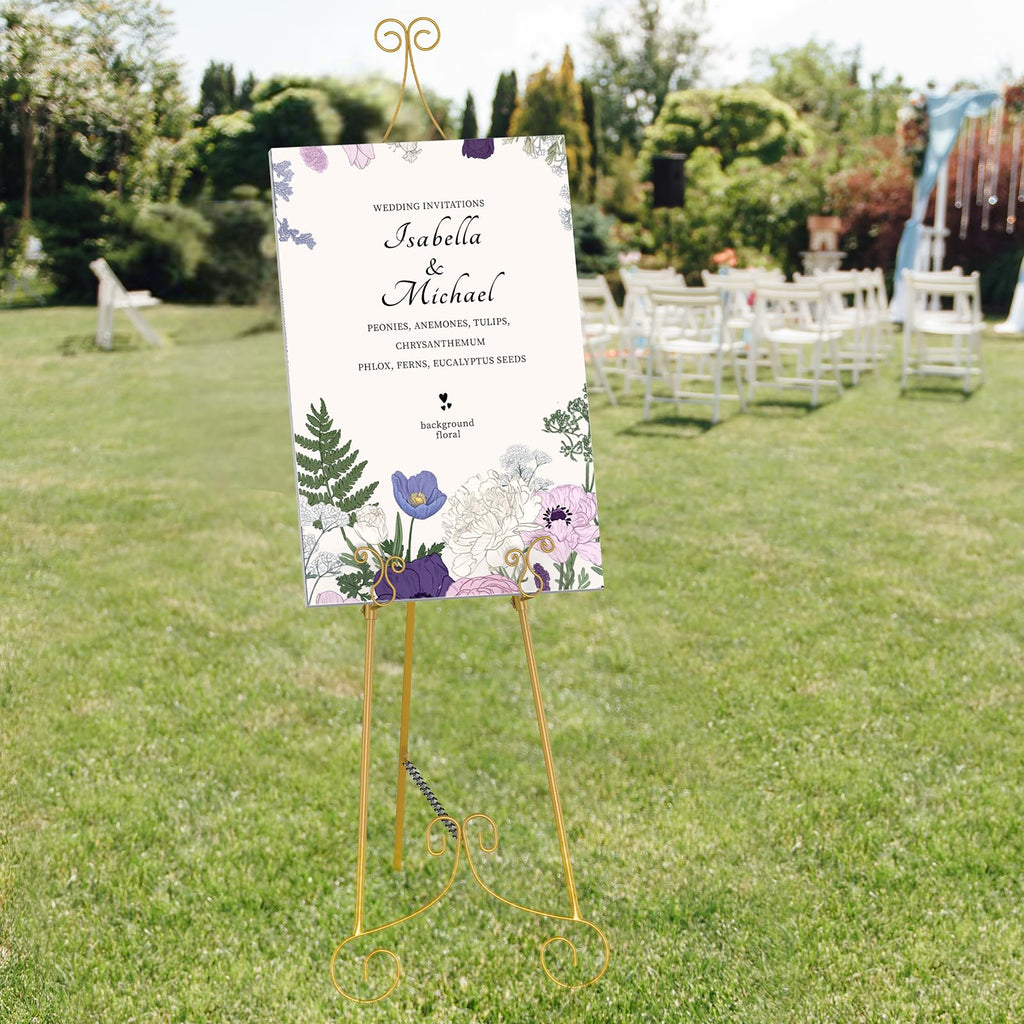 1 PC Easel Stand for Sign, Metal Poster Easel Holder, Adjustable Wedding Sign Stand with Chain Support for Display, Party Painting, Gold.