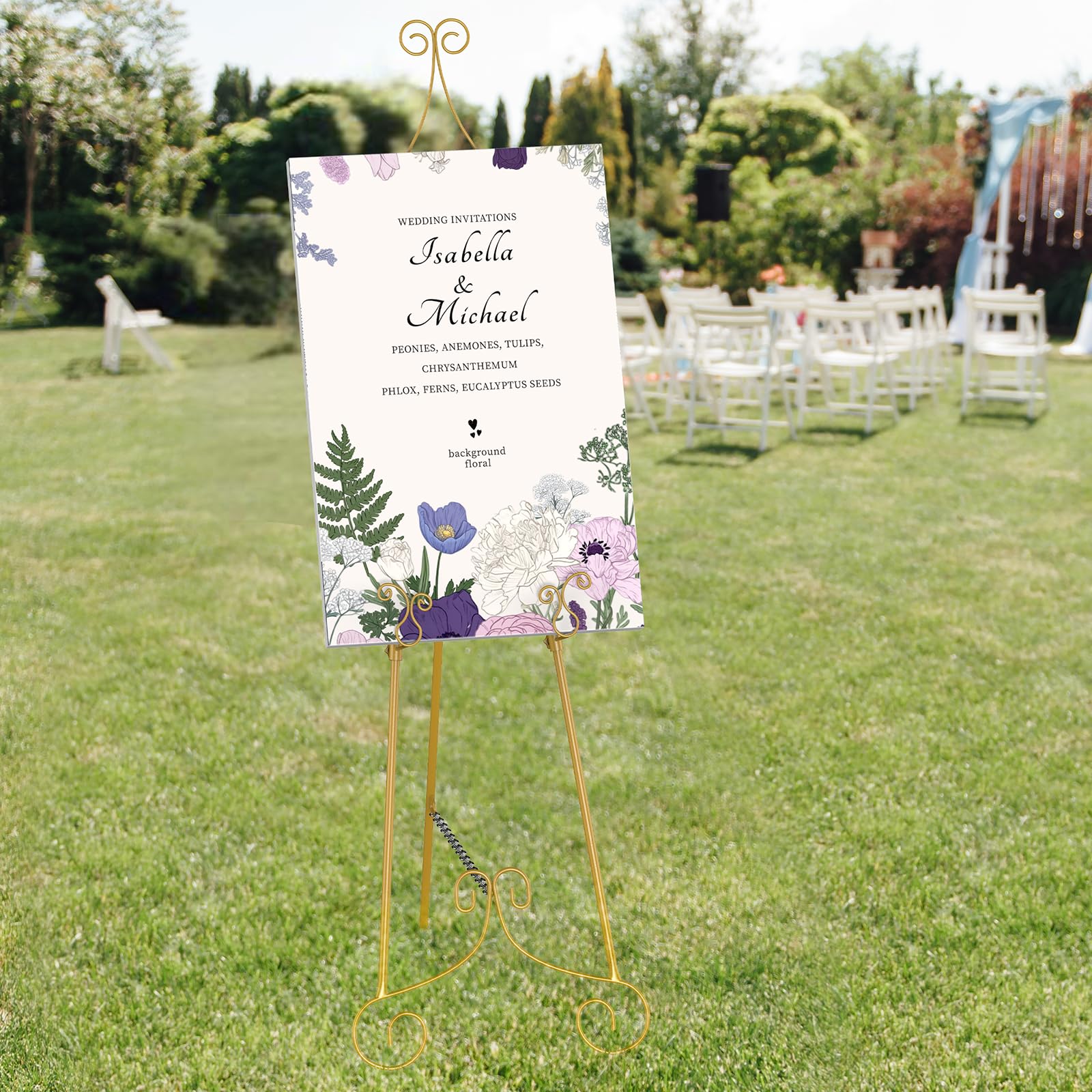 1 PC Easel Stand for Sign, Metal Poster Easel Holder, Adjustable Wedding Sign Stand with Chain Support for Display, Party Painting, Gold.
