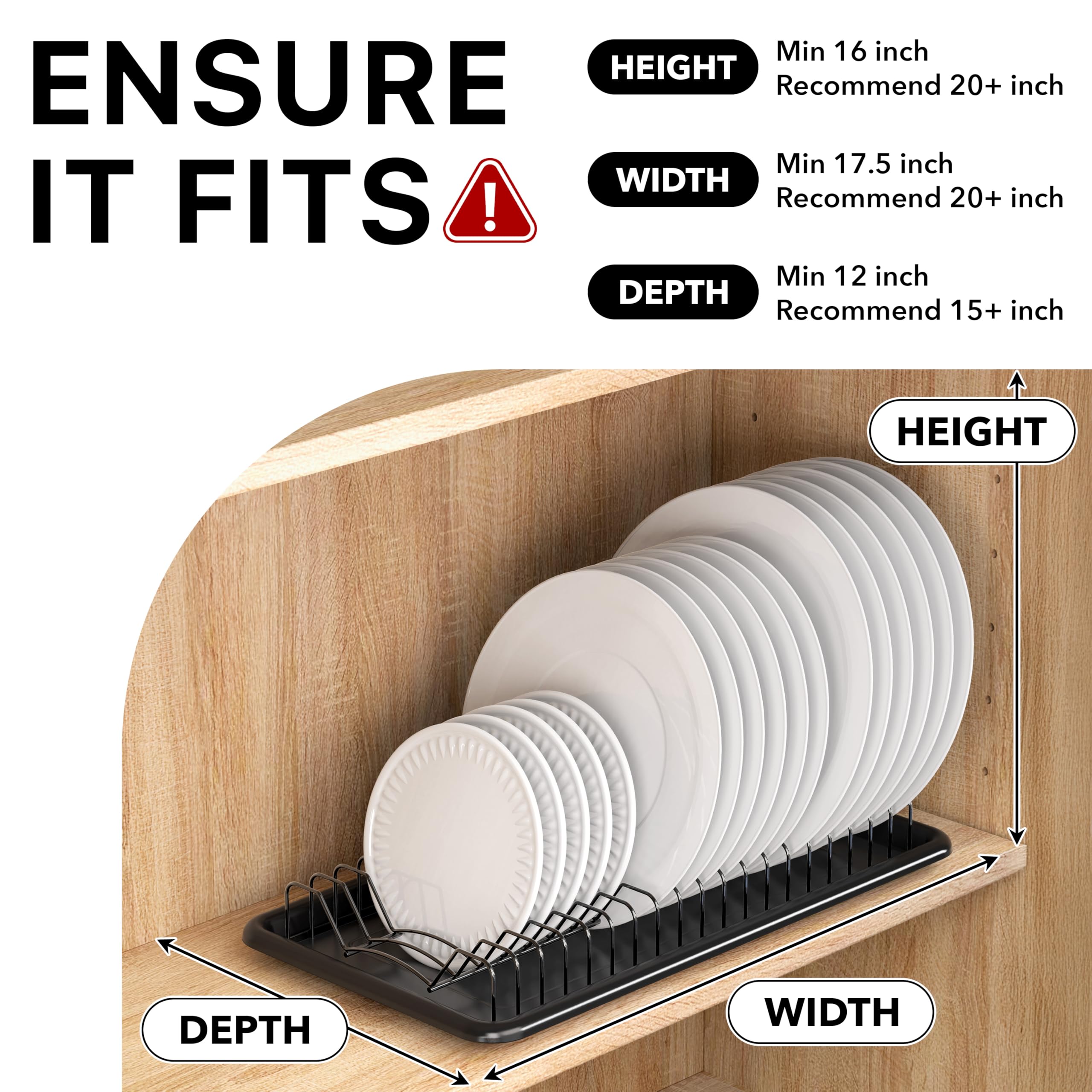 Simple Houseware Stainless Steel Plate Drying Rack with Drainboard, Dish Organizer for Kitchen Cabinet or Countertop Storage, Black