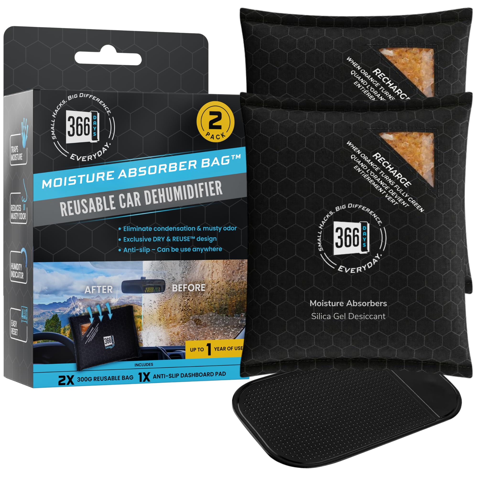 366 Days Car Dehumidifier & Moisture Absorber Bag – Reusable Silica Gel with Color-Changing Indicator – Eliminates Condensation & Musty Odors for Cars, RVs & Boats (2)