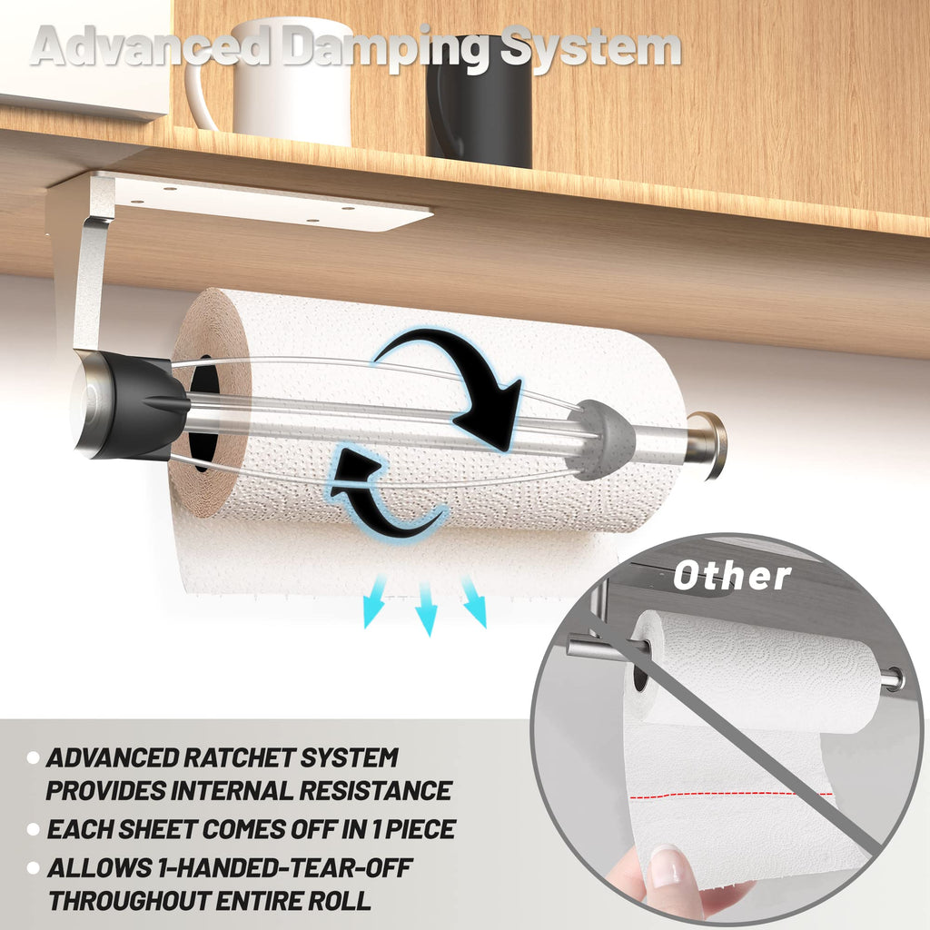 VEHHE Paper Towel Holder with Ratchet System, Under Cabinet Paper Towel Holder with Damping Function, 2 Set Silver Stainless Steel Papers Towels Holders