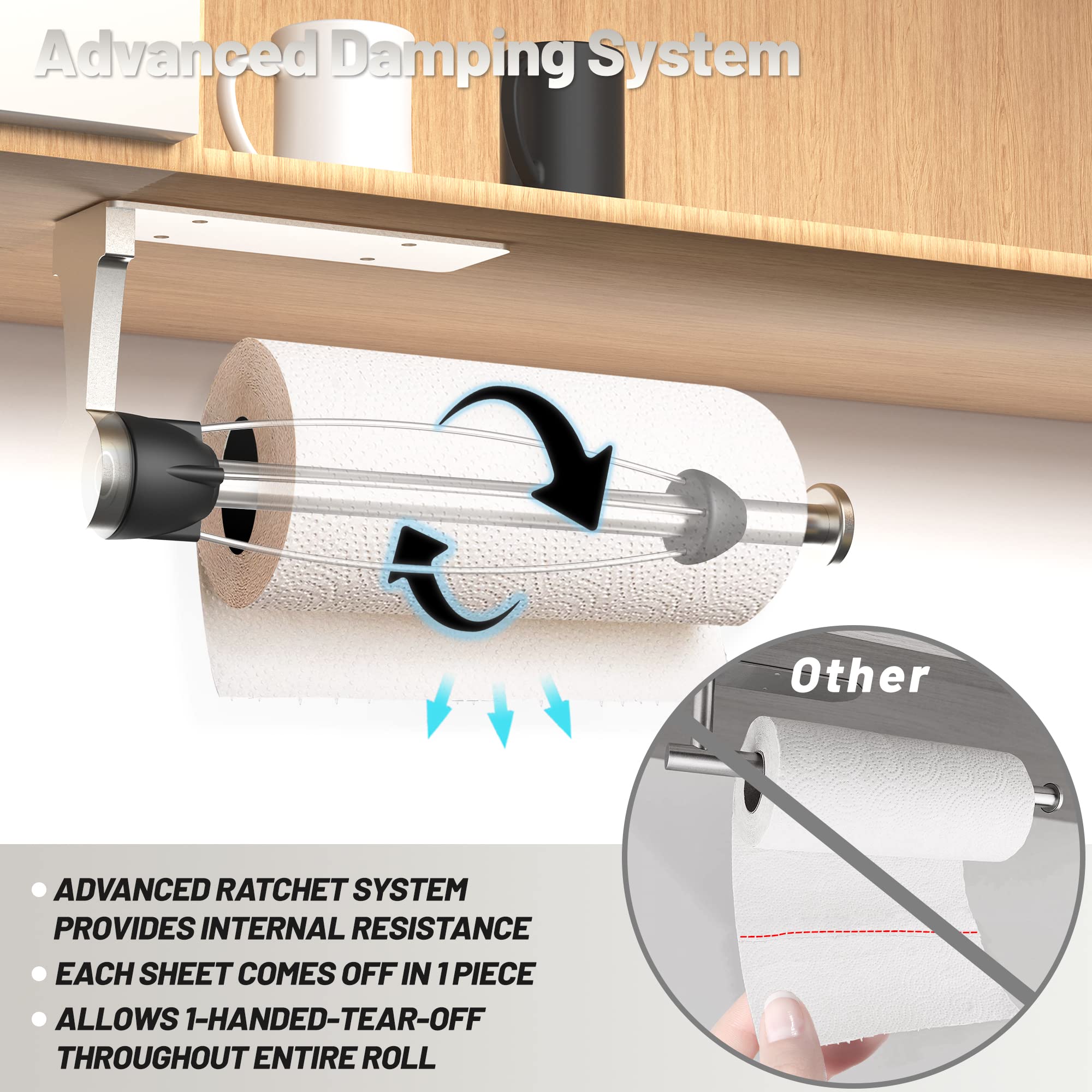 VEHHE Under Cabinet Paper Towel Holder with Ratchet System, One Hand Operable Paper Towel Holder Wall Mount with Damping Effect, Self-Adhesive Papers Towels Holders or Drilled for Kitchen (Silver)