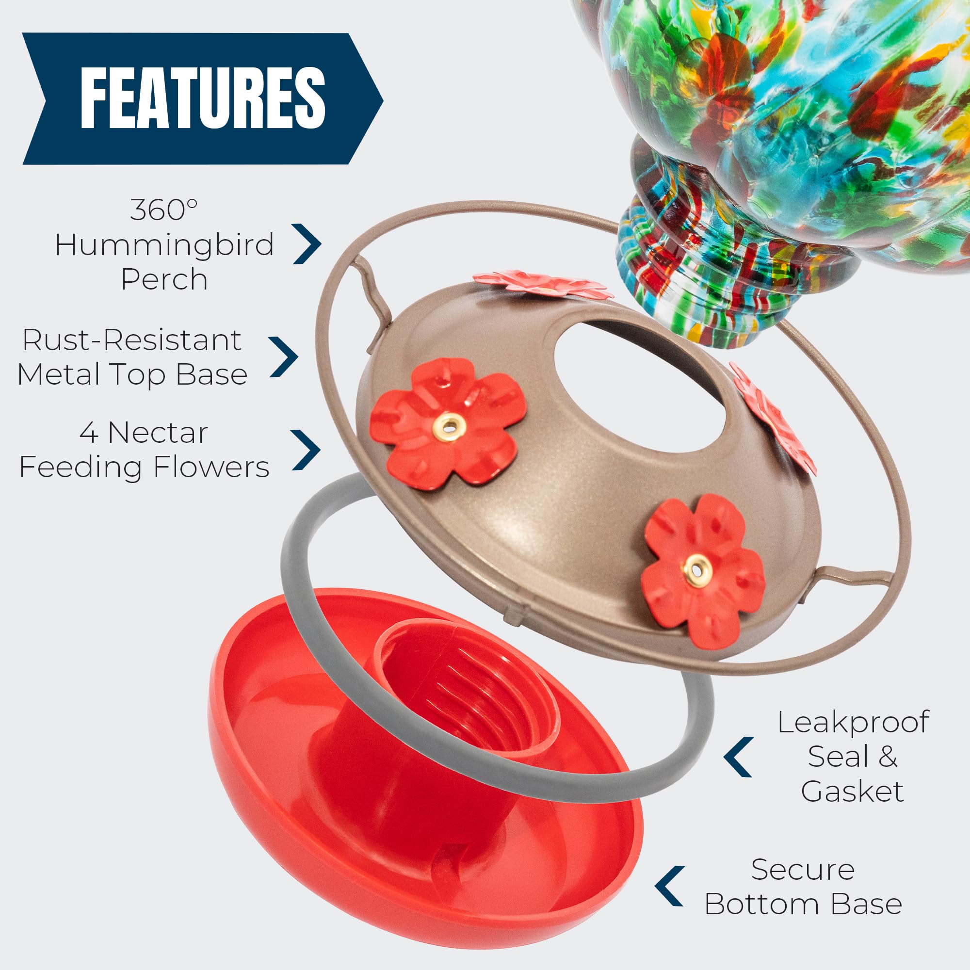 MEKKAPRO Glass Hummingbird Feeder, Hanging Hummingbird Feeders for Outdoors, 4 Feeding Ports, Glass Hummingbird Feeders for Outdoors Hanging, Includes S-Hook and Cleaning Brush (Waterdrop, Green)