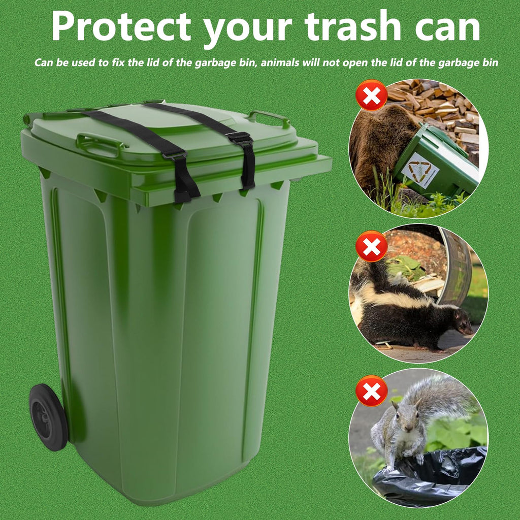 4PCS Trash Can Lid Lock for Animals, Adjustable Garbage Can Strap Lock, No Drilling Garbage Bin Lock Outdoor, Universal Trash Bin Cord Strap Security Against Raccoons, Prevent Tipping Over, No Tool