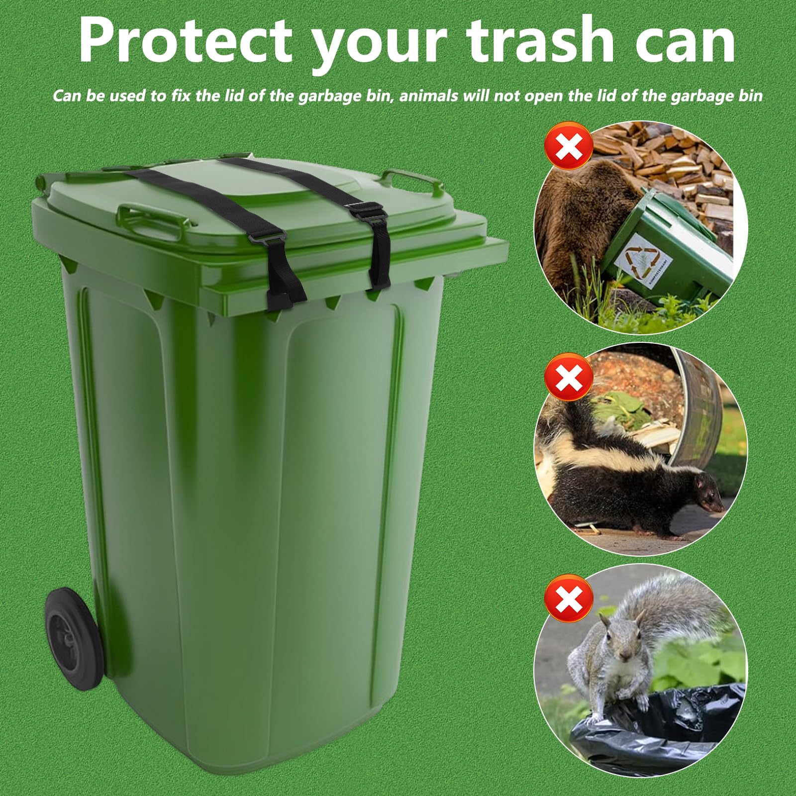 4PCS Trash Can Lid Lock for Animals, Adjustable Garbage Can Strap Lock, No Drilling Garbage Bin Lock Outdoor, Universal Trash Bin Cord Strap Security Against Raccoons, Prevent Tipping Over, No Tool