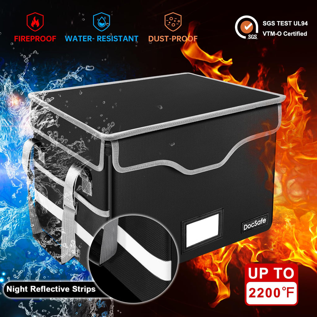 DocSafe Fireproof Document Box with Lock, File Storage Organizer with Mesh Pockets, Collapsible Portable File Box Home Office Safe Filing Cabinet with Handle for Hanging Letter/Legal Folder, Black