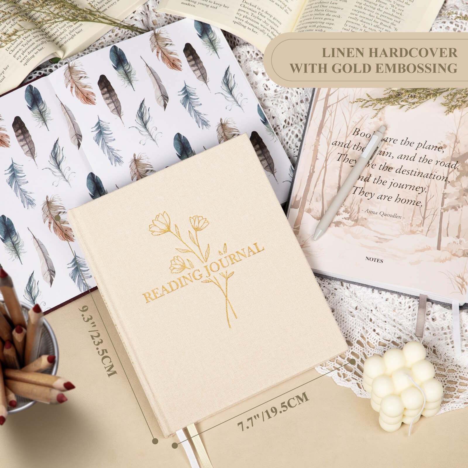 Lanpn Reading Book Journal for Book Lovers Readers, 9.3" x 7.7", 158 Pages Linen Hardcover Reading Log with 52 Book Reviews, Book Tracker Reading Notebook Bookish Gifts (Beige)