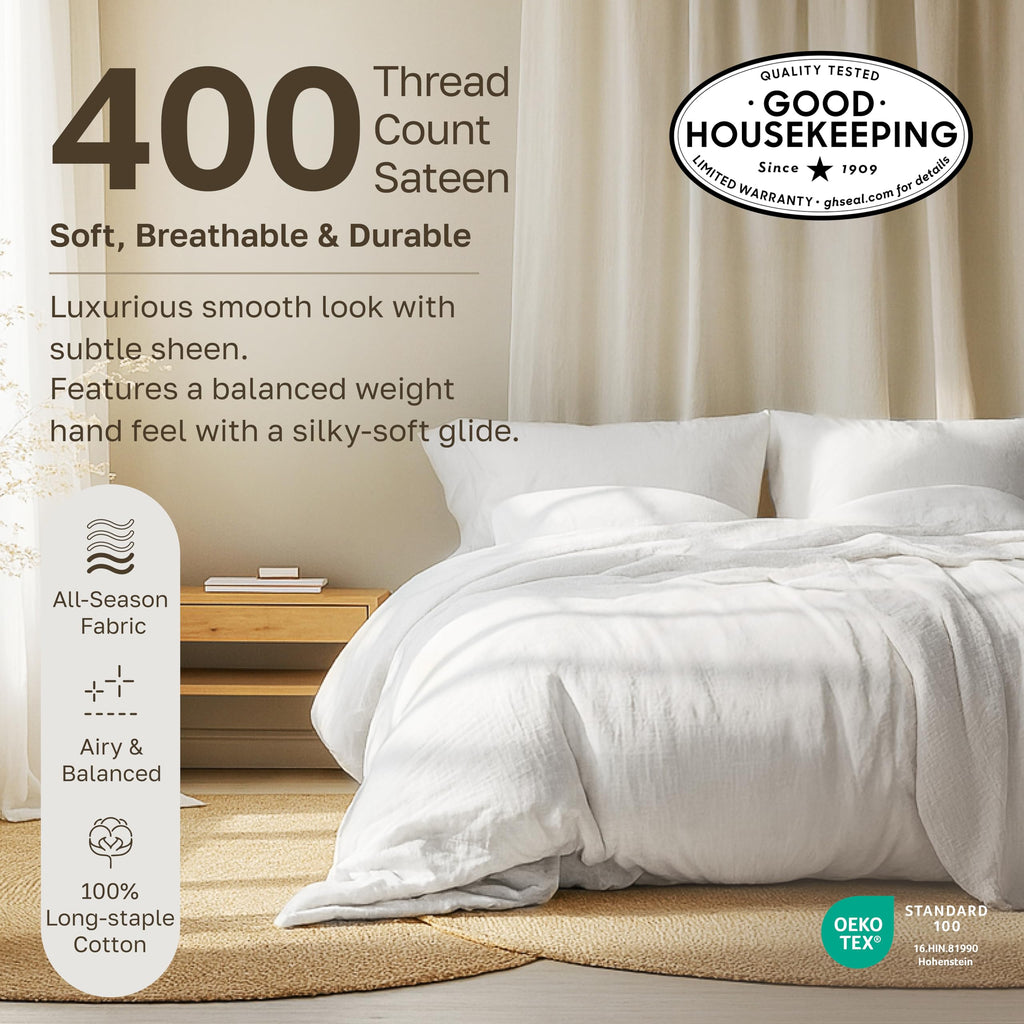 California Design Den Standard Queen Size Pillowcase Set - 400 Thread Count, 100% Cotton Sateen, Set of 2 Pillow Covers, Breathable, Cooling, Soft for Quality Sleep - Bright White