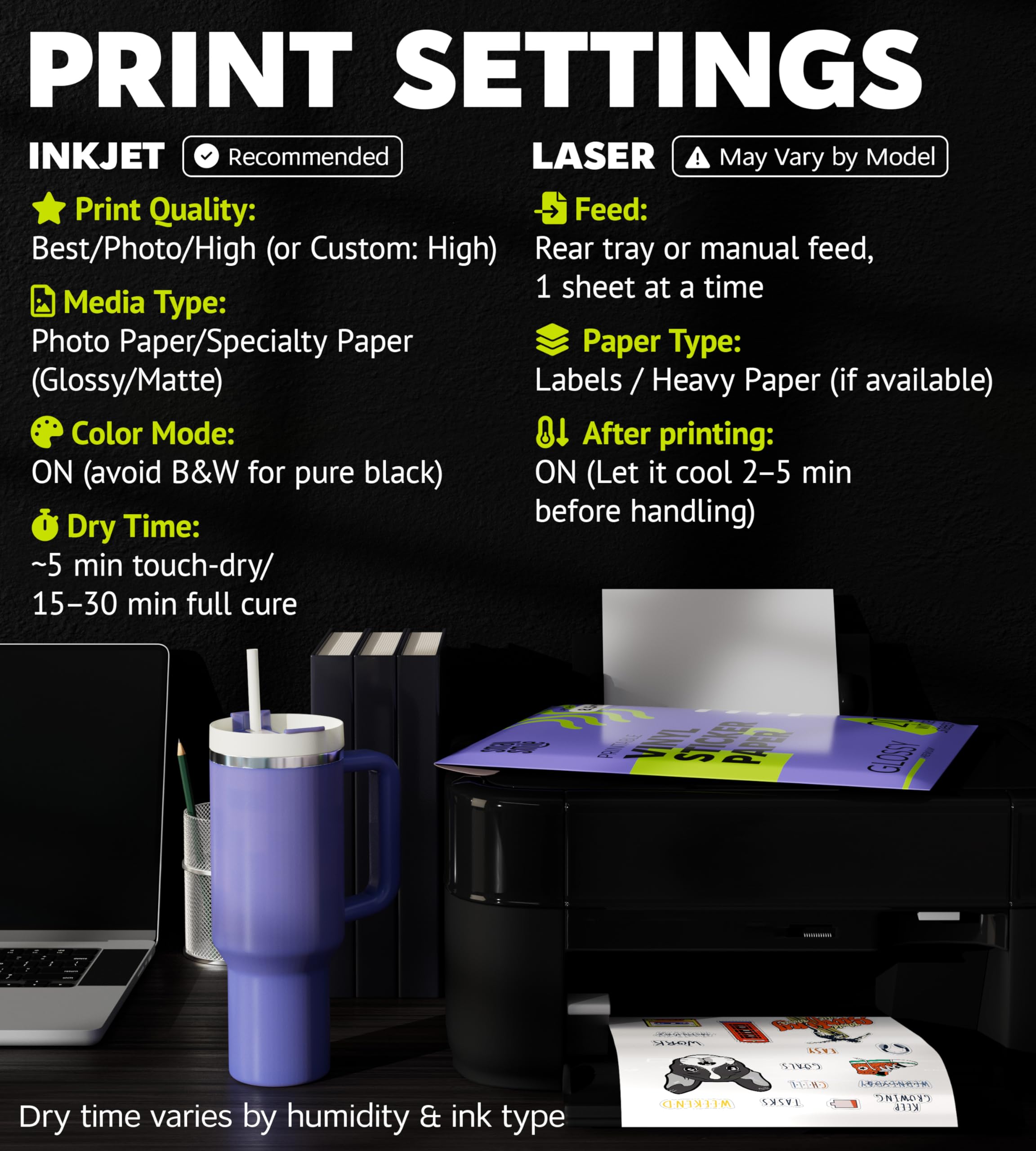 Premium Printable Vinyl Sticker Paper for Inkjet Printer and Laser - 20 White Glossy Sticker Paper Waterproof - Durability Adhesive Paper 8.5 x 11, Fast Dry, Holds Ink Well, Great for Cutting Machines