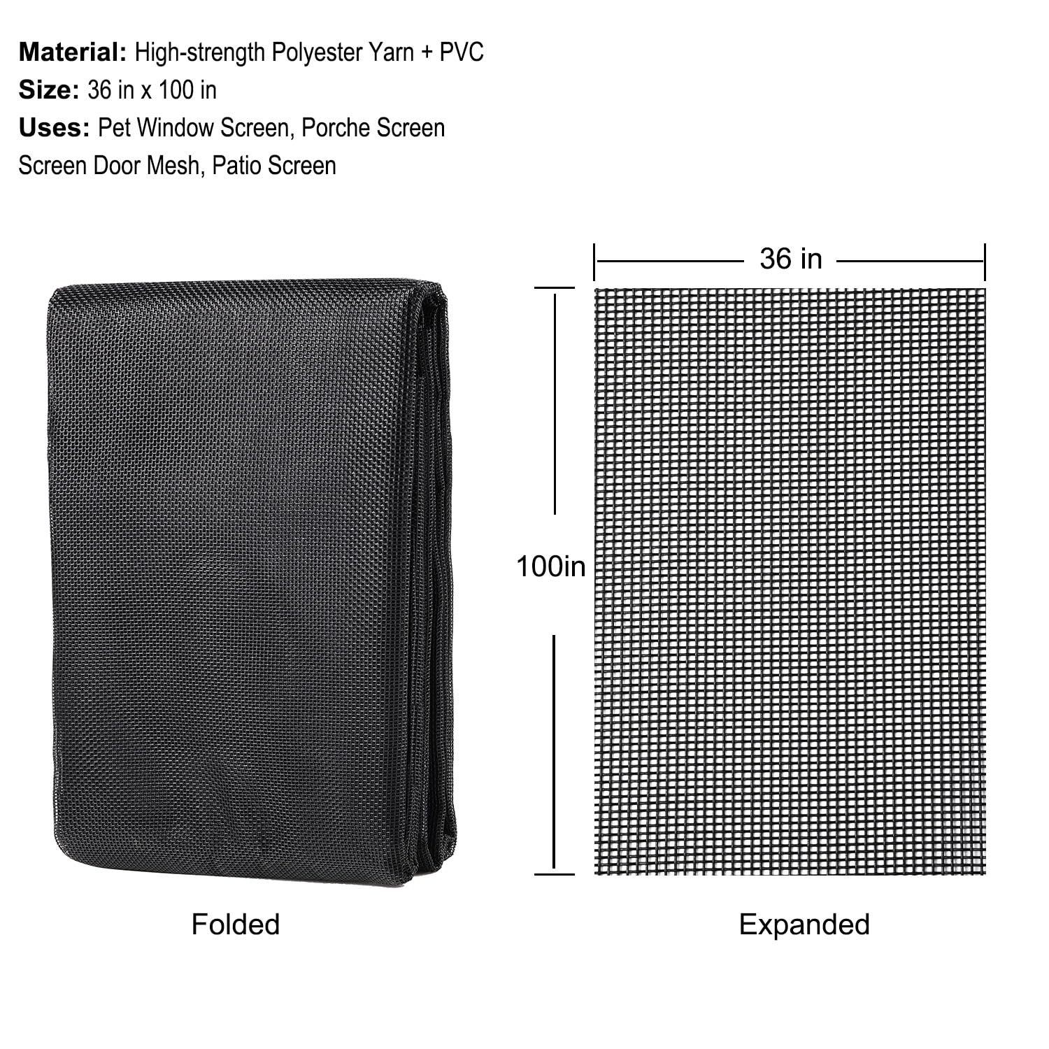 36 x 100 in Pet Window Screen Mesh, Cat Proof Window Screen Replacement, Dog Screen Door Mesh, Screen Mesh Roll, Porch Screens for Patios Outside Outdoor, Heavy Duty Window Screens for House Windows