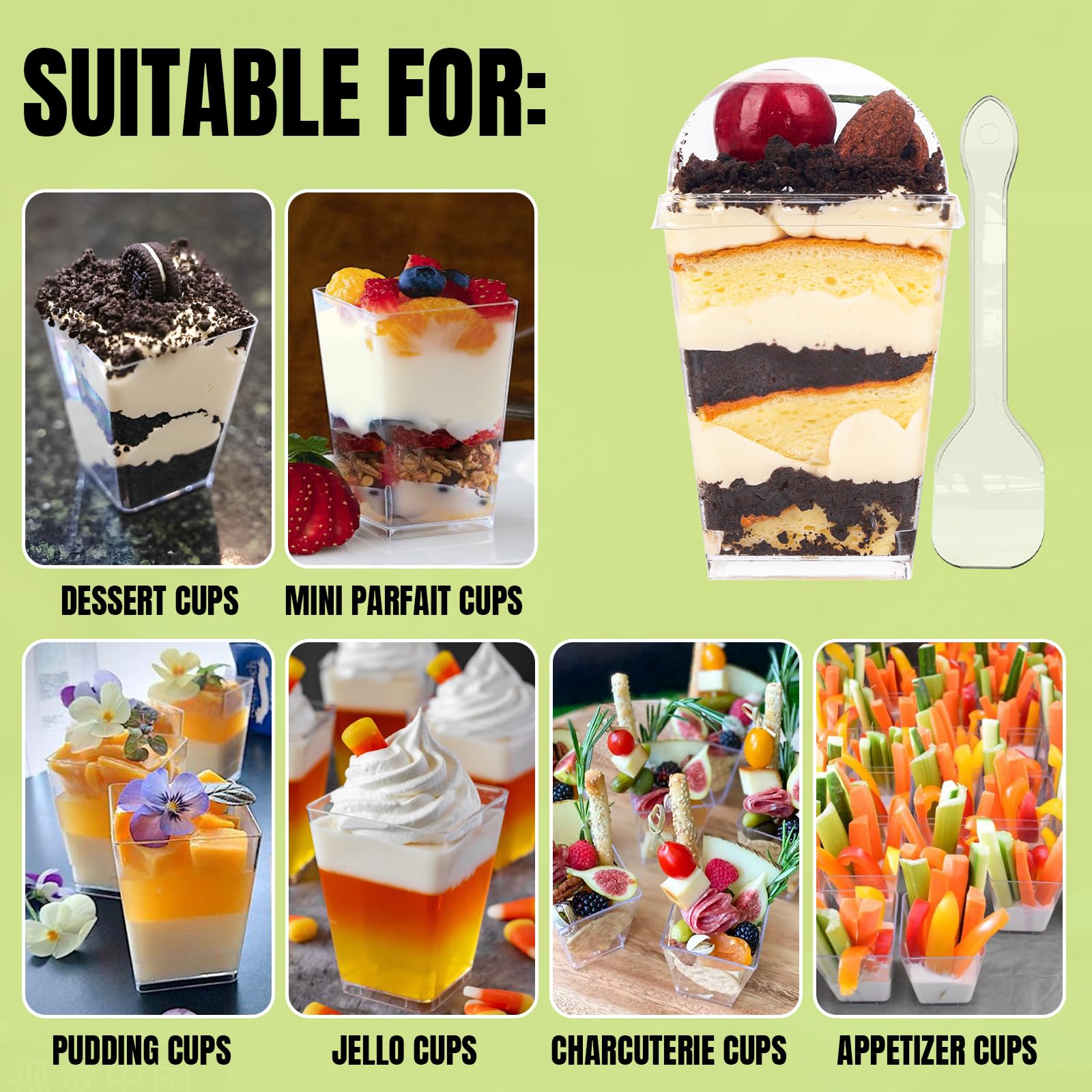 YunKo 5oz Square Clear Plastic Dessert Cups with Lids and Spoons,Mini Parfait Cups for Yogurt, Jello, Mousse,and Snacks,vasos para postres con tapa, 50 Pack